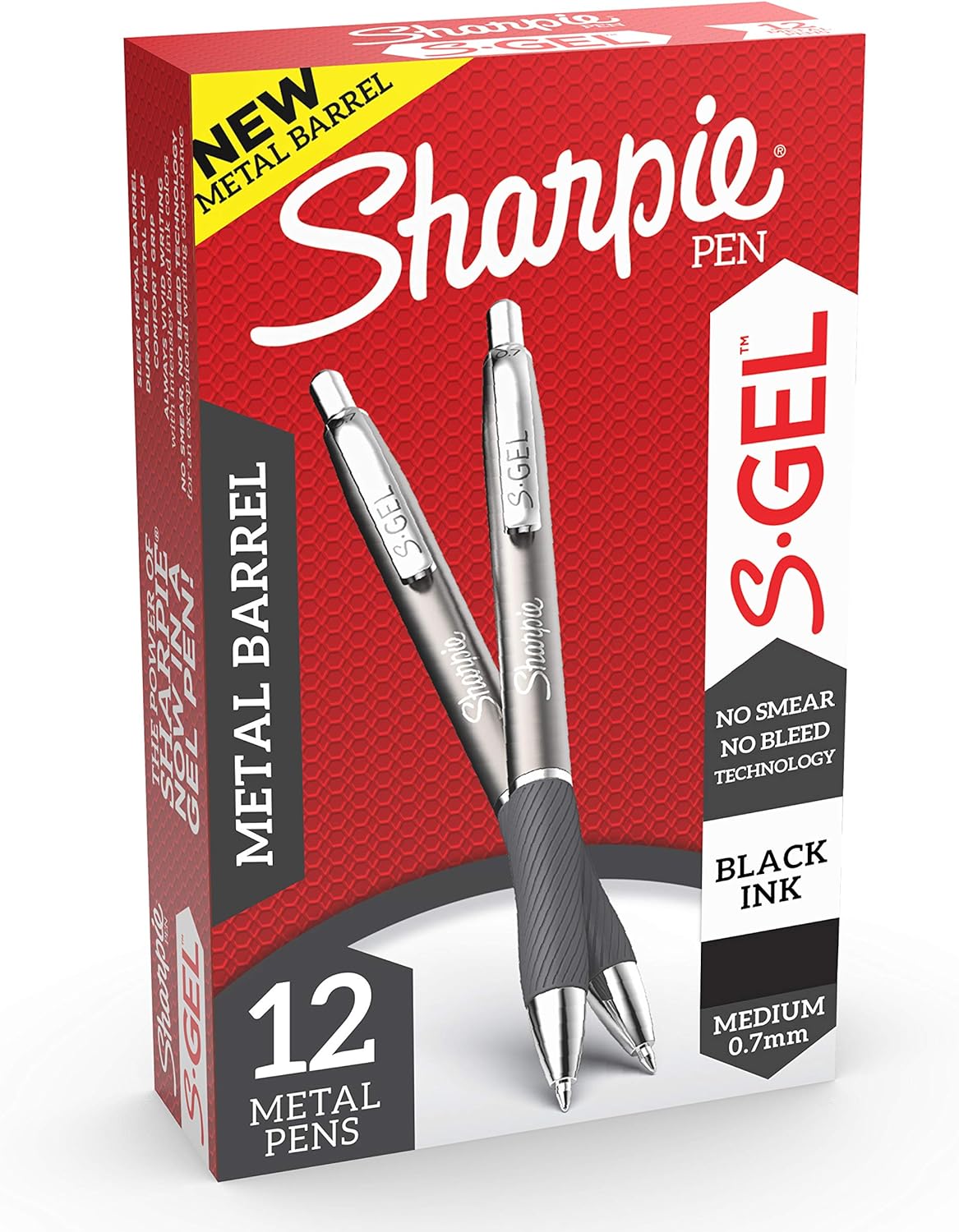 SHARPIE S-Gel, Gel Pens, Sleek Metal Barrel, Medium Point (0.7mm), Black Ink, 12 Count