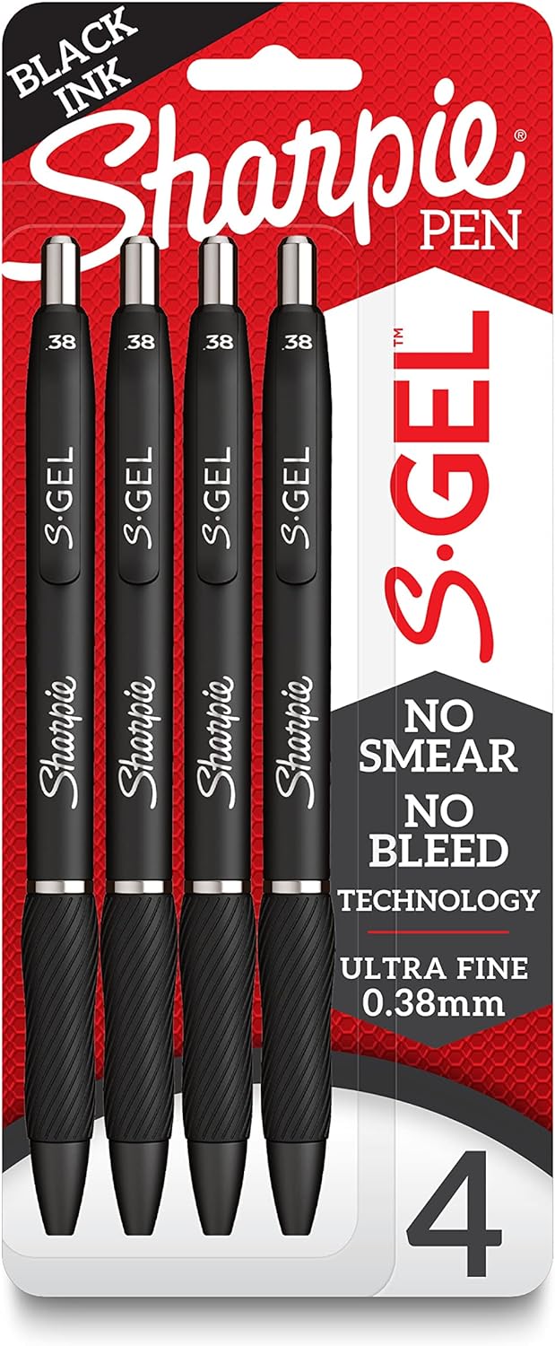 SHARPIE S-Gel, Gel Pens, Ultra Fine Point (0.38mm), Black, 4 Count