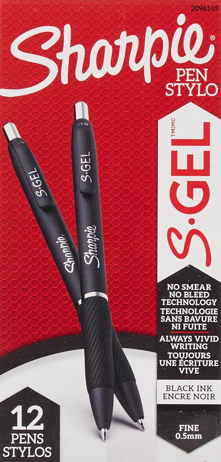 SHARPIE S-Gel, Gel Pens, Fine Point (0.5mm), Black Ink Gel Pen, 12 Count