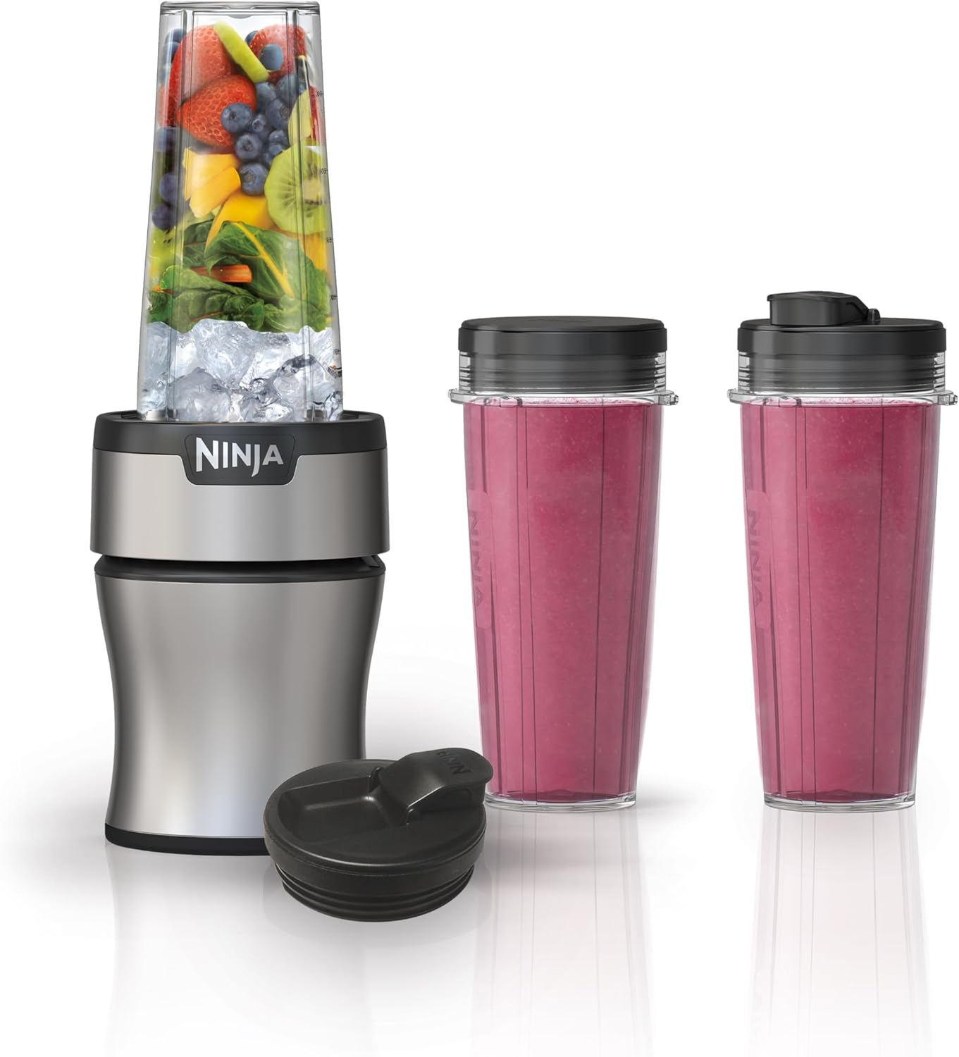 Ninja BN301 Nutri-Blender Plus Compact Personal Blender, 900-Peak-Watt Motor, Frozen Drinks, Smoothies, Sauces & More, (3) 20 oz. To-Go Cups, (2) Spout-Lids (1) Storage-Lid, Dishwasher Safe, Silver