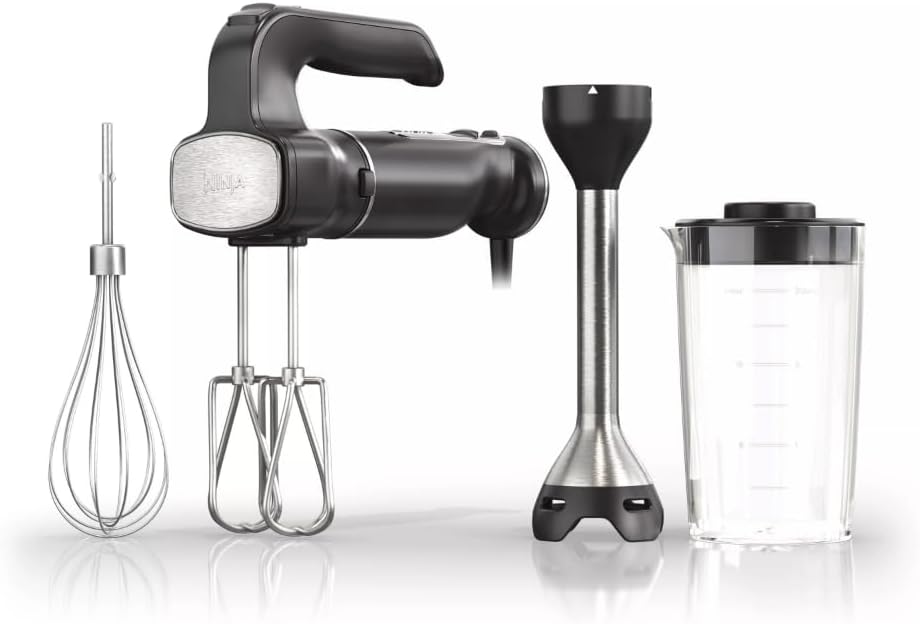 Ninja CI101 Foodi Power Mixer System, 750-Peak-Watt Hand Blender and Hand Mixer Combo with Whisk and Beaters, 3-Cup Blending Vessel, Black