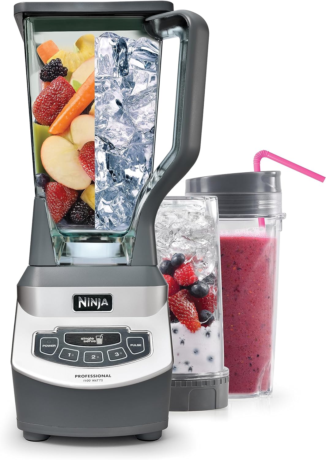 Ninja BL660 Professional Compact Smoothie & Food Processing Blender, 1100-Watts, 3 Functions -for Frozen Drinks, Smoothies, Sauces, & More, 72-oz.* Pitcher, (2) 16-oz. To-Go Cups & Spout Lids, Gray