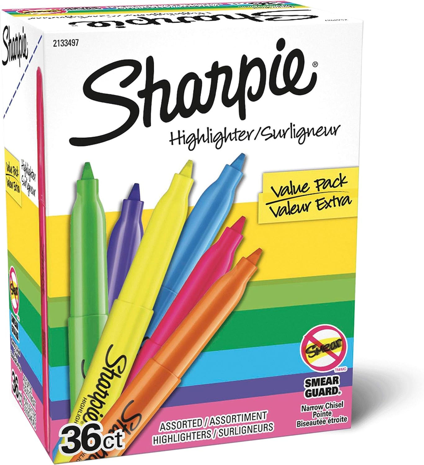 SHARPIE Pocket Highlighters, Narrow Chisel Tip, Assorted Fluorescent Colors, Value Pack, 36 Count