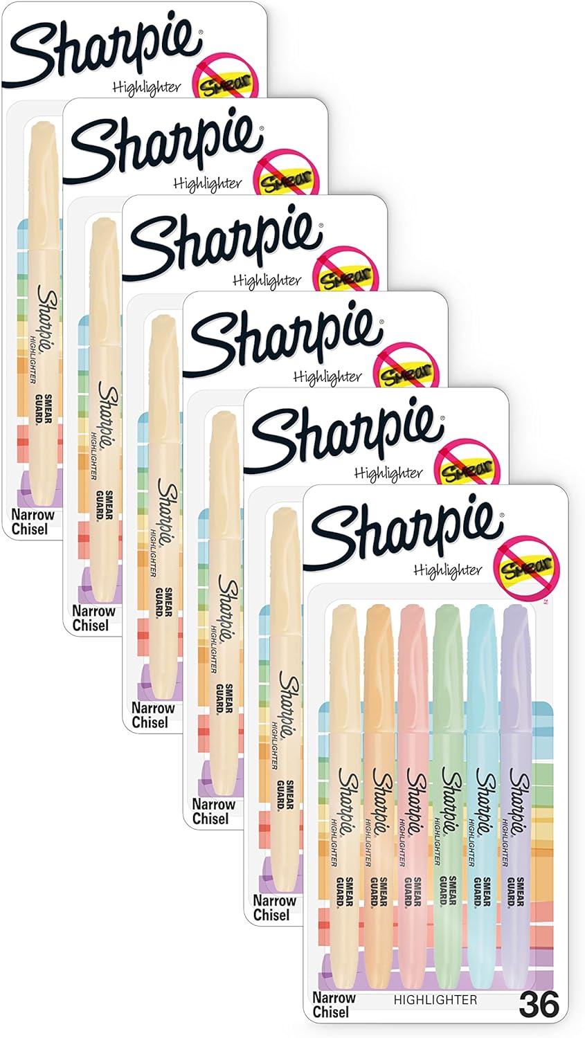 SHARPIE Pocket Highlighters, Mild Pastel Colors, Assorted, Chisel Tip, 36 Count