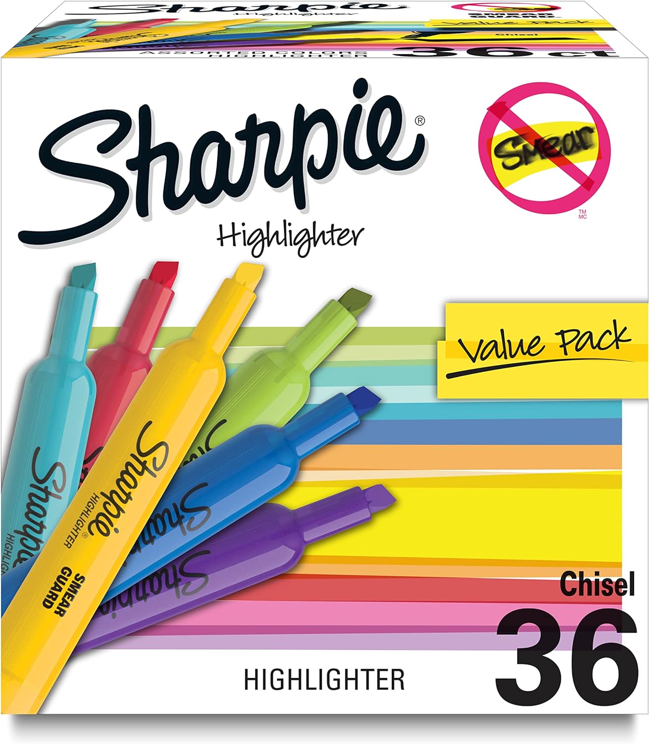 SHARPIE Tank Highlighters, Chisel Tip, 12 Assorted Fashion Colors, Chisel Tip, Value Pack, 36 Count