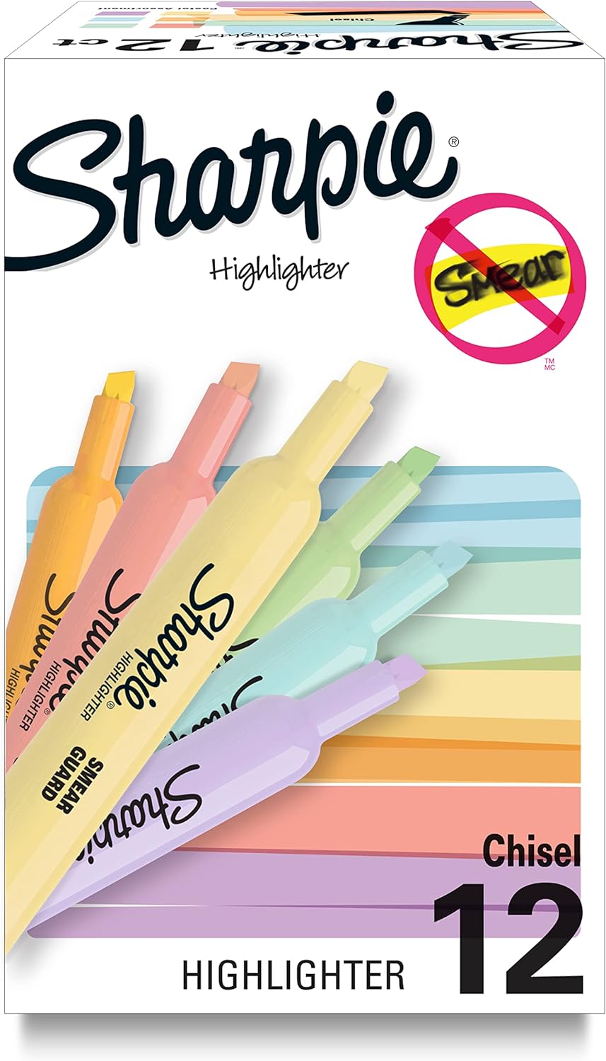 SHARPIE Tank Highlighters, Mild Pastel Colors, Assorted, Chisel Tip, 12 Count