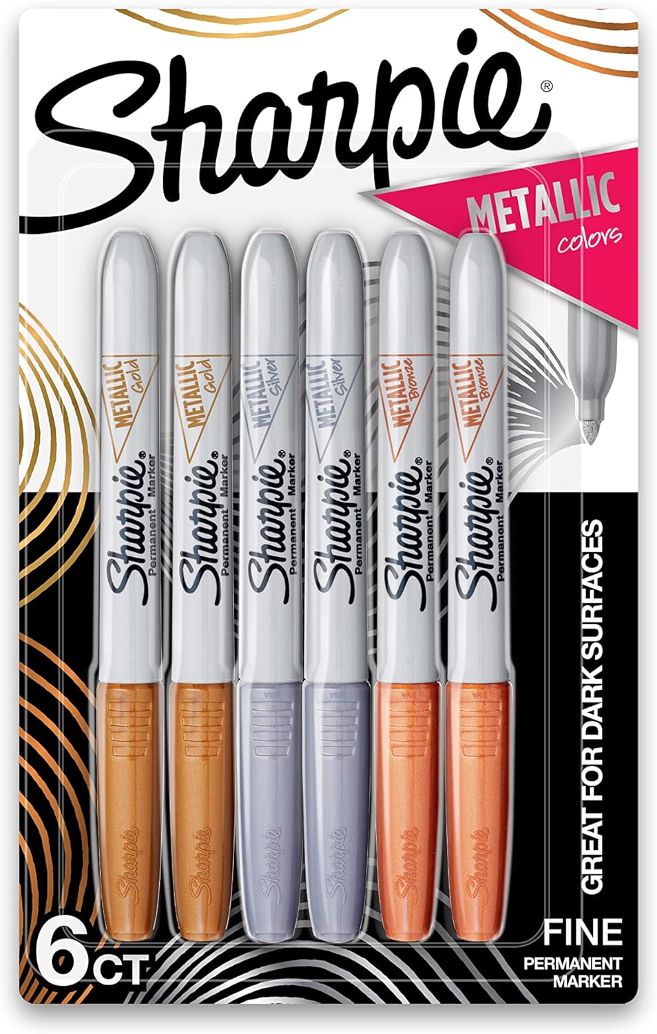 SHARPIE Metallic Permanent Markers, Fine Tip Marker Set, Assorted Metallic Markers, Stocking Stuffers, Art Supplies, Teacher Gifts, Holiday Gifts for Artist, 6 Count