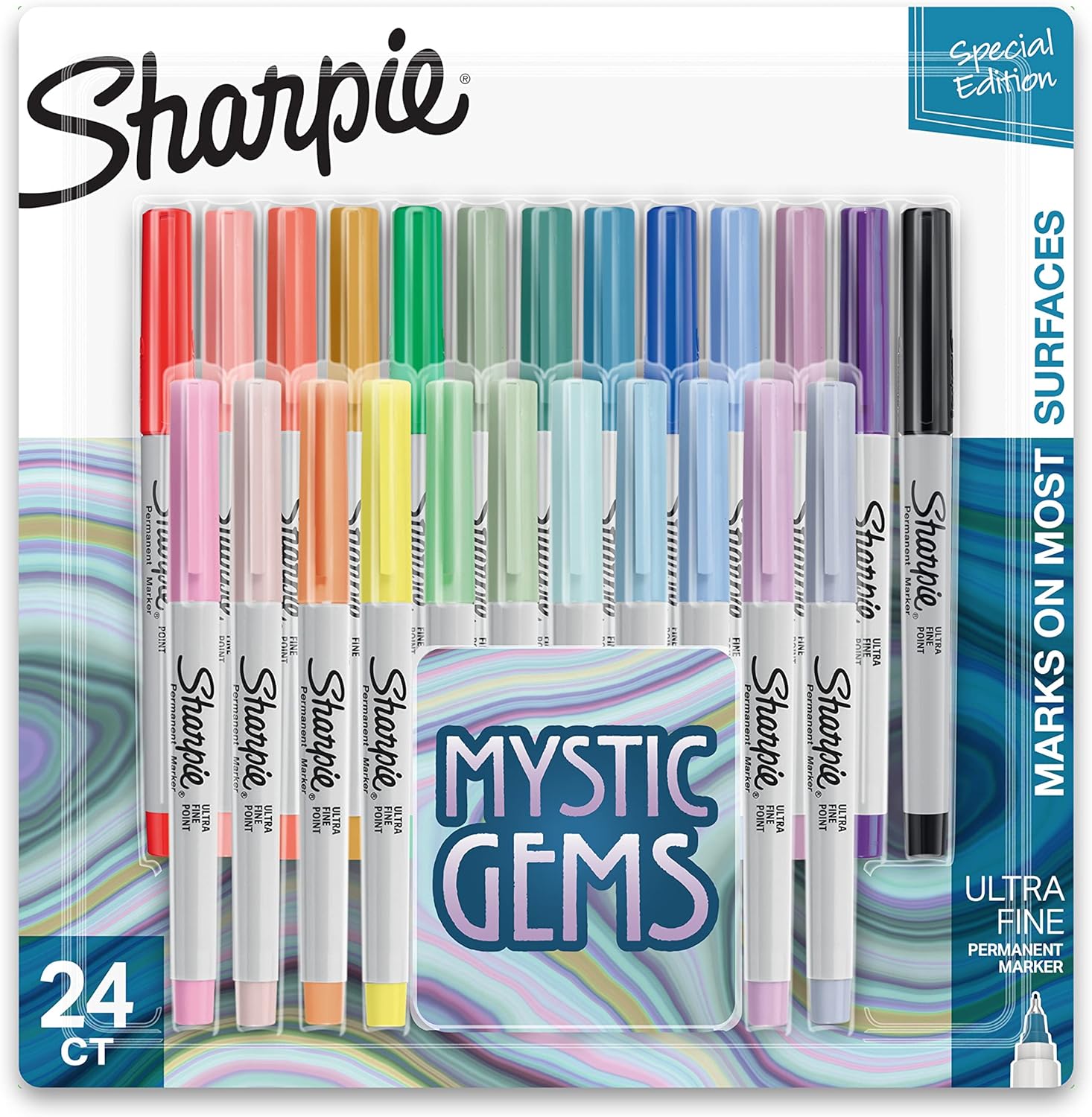 SHARPIE Permanent Markers, Ultra Fine Point, Featuring Mystic Gem Color Markers, Assorted, 24 Count, Includes Lavender