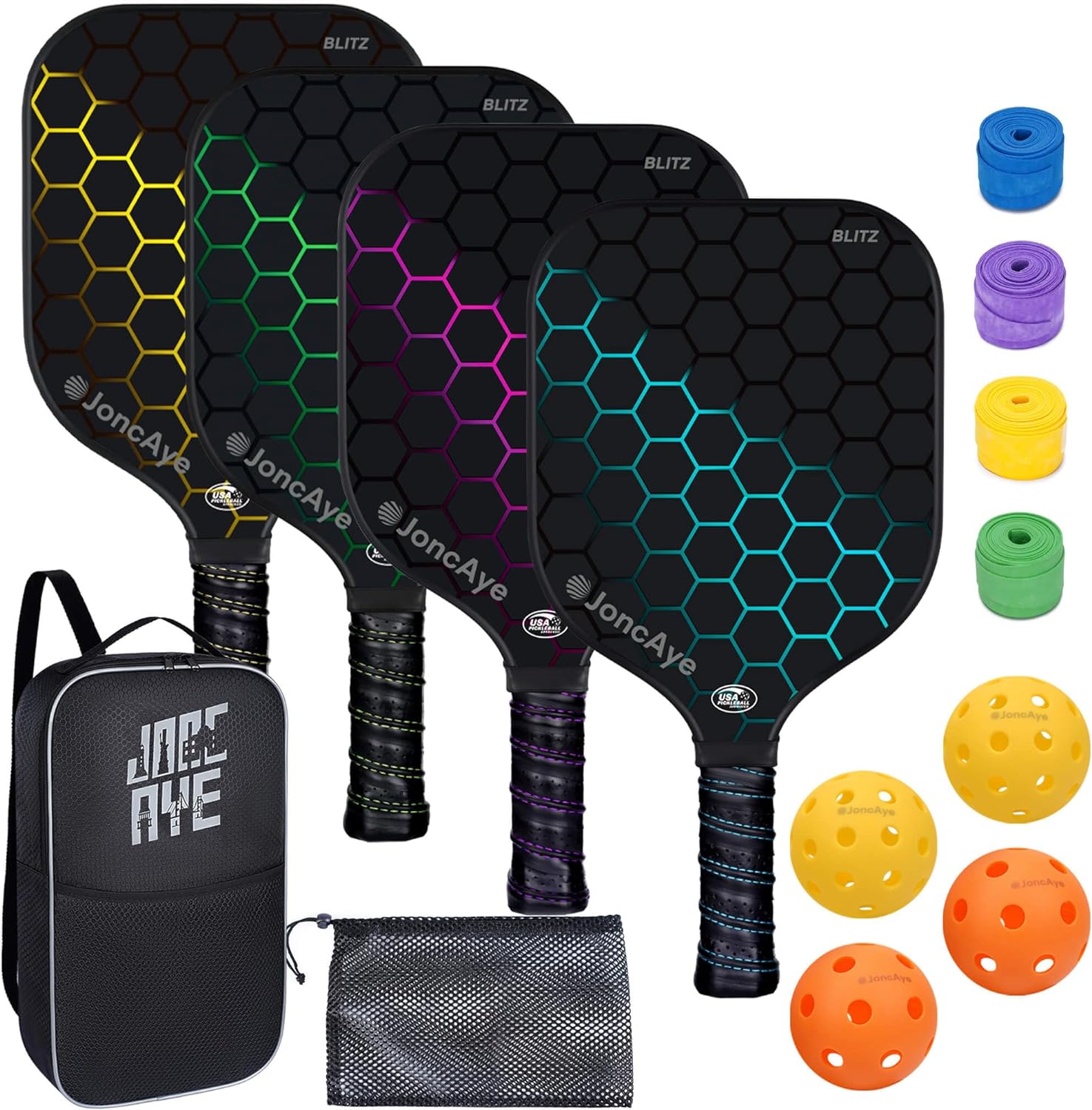 JoncAye Pickleball-Paddles-Set of 4 Rackets and Balls w/case, Grip Tapes | USAPA Approved Pickle-Ball Equipment w/Accessories | Fiberglass Pickleball Racquet Set for Men, Women, Kids, Adults