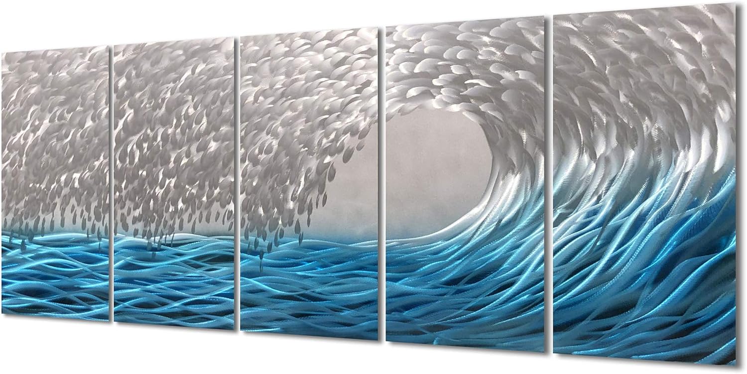 Yihui Arts Metal Wall Art - Silver Sea Waves 3D Sculpture, 5 Piece Hand Crafted Aluminum Coastal Artwork for Large Abstract Living Room, Bedroom, Bathroom Decor - Blue