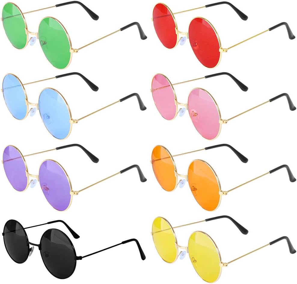 ONESING 8-20 Pairs Round Hippie Sunglasses Circle Sunglasses for Women Glasses Multicoloured Hippie Headband Disco Party