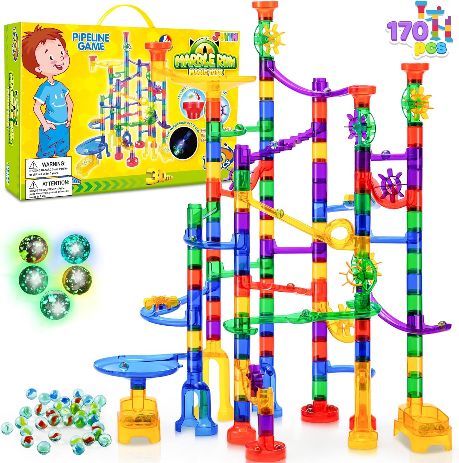 JOYIN 170Pcs Glowing Marble Run, Construction Building Blocks Toys with 5 Glow in The Dark Glass Marbles, STEM Educational Building Block Toy(120 Plastic Pieces + 50 Glass Marbles)