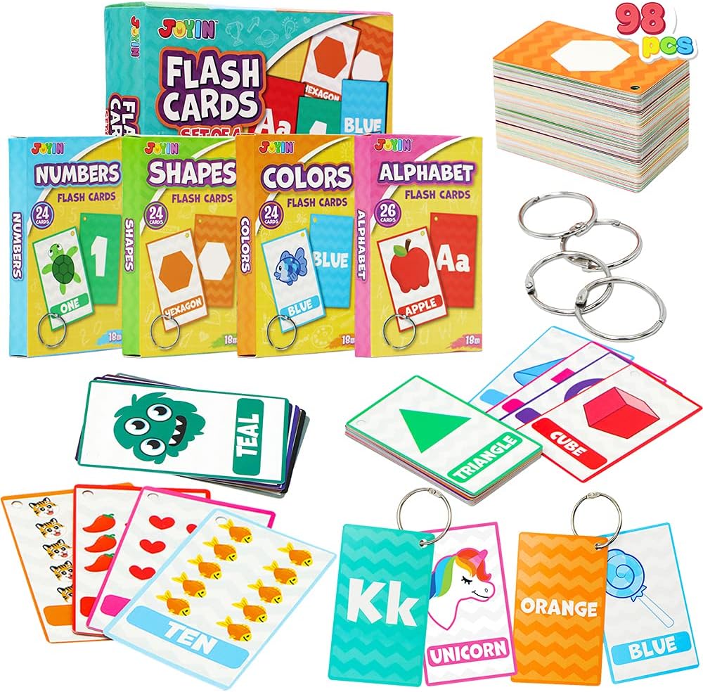 JOYIN 4 Pack Kindergarten Flash Cards with Rings Set, Numbers, Alphabets, Colors & Shapes Toddler Flash Cards, Fun Learning Cards, Educational Game Set for Babies Toddlers and Kids