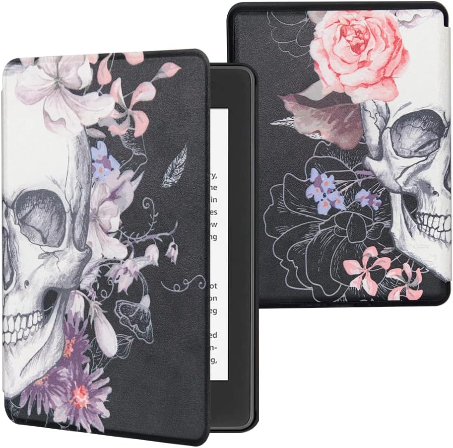 QIYI Case for 6.8 Kindle Paperwhite (11th Generation-2021) & Kindle Paperwhite Signature Edition, Pink Flowers Black PU Leather eBook Reader Smart Cover with Auto Wake/Sleep - Skull in Blossom