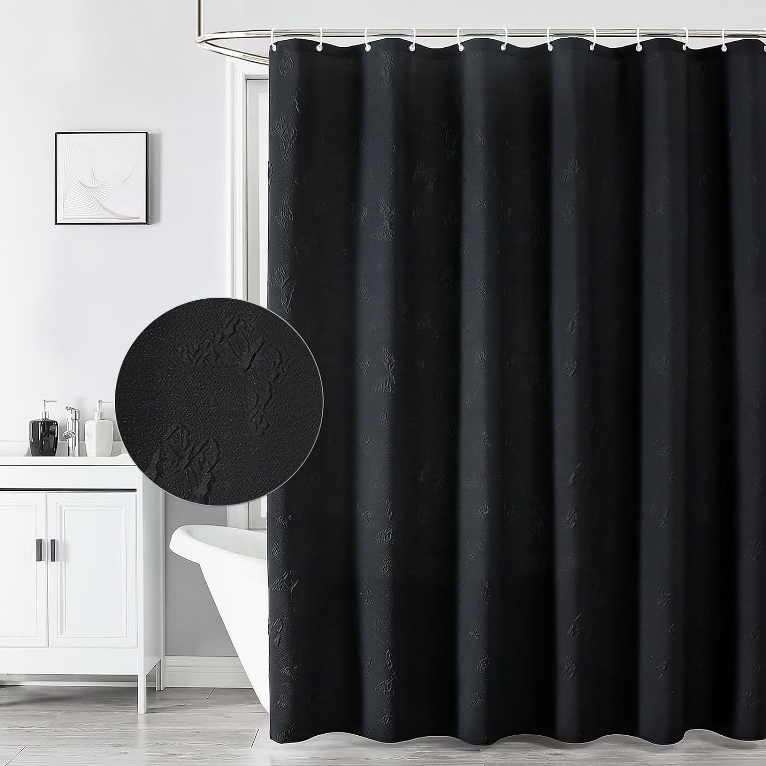 QiyI Black Shower Curtain for Bathroom, 3D Embossed Butterfly Textured Fabric Shower Curtain Liner, Hotel Style Luxury Bath Curtain, Modern Farmhouse Cloth Shower Curtain Set with Hooks, 72x72 Inch
