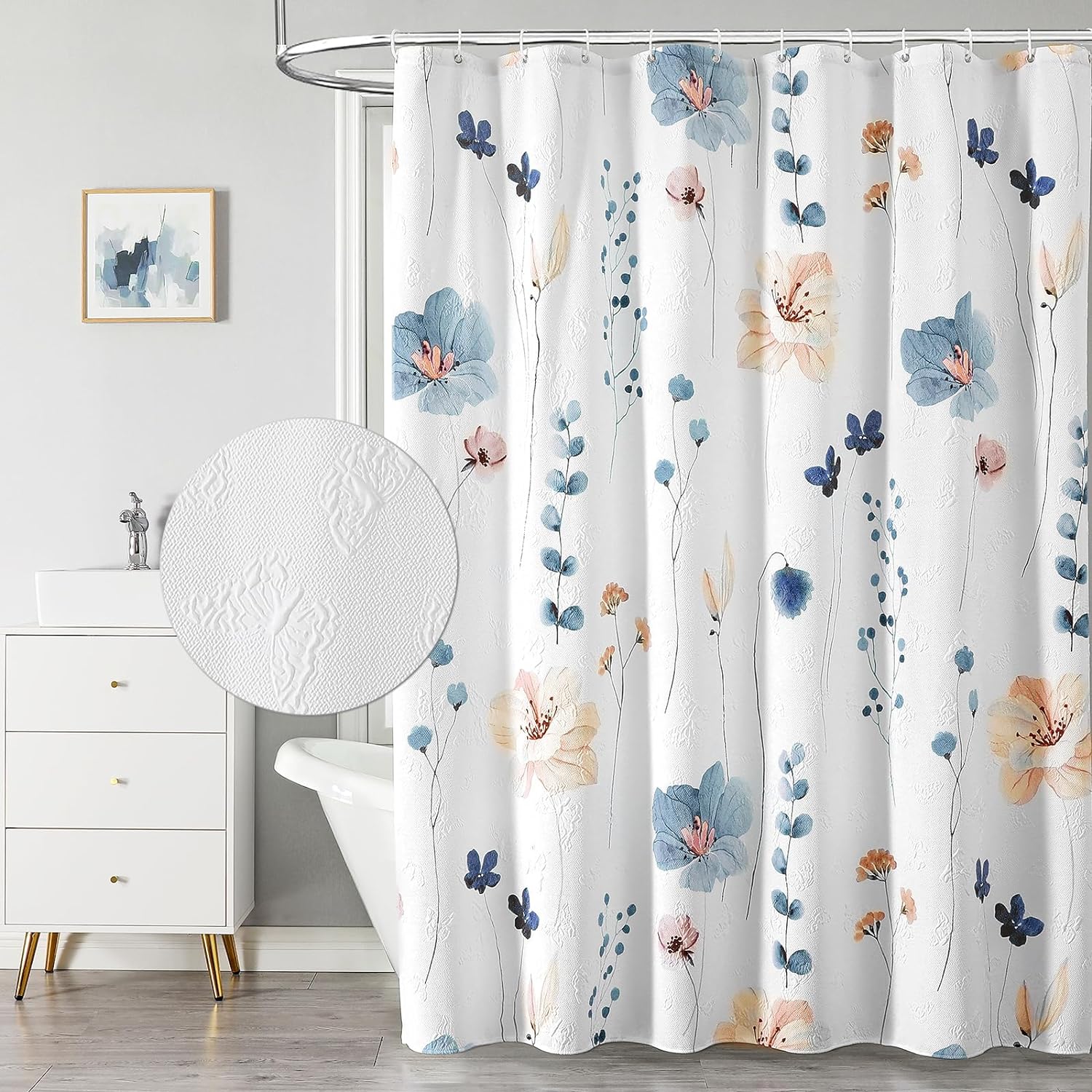 QiyI Watercolor Floral Shower Curtain, 3D Embossed Textured Blue Beige Flower Bathroom Curtain, Modern Minimalist White Cloth Bath Curtain, Waterproof Fabric Shower Curtain Set with Hooks, 72x72 Inch