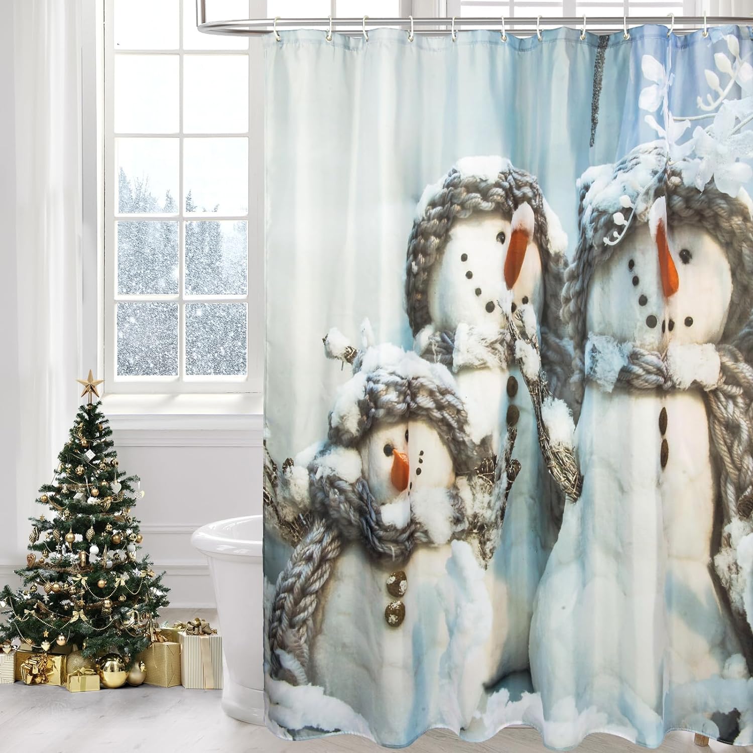 QIYI Christmas Shower Curtain Set, New Year Snowman Bathroom Accessories Holiday Home Dcor, Grey Snowy Winter Waterproof Bathtub Curtain, Kids Cute Merry Xmas Bath Curtain with 12 Hooks 72 W x 72 L