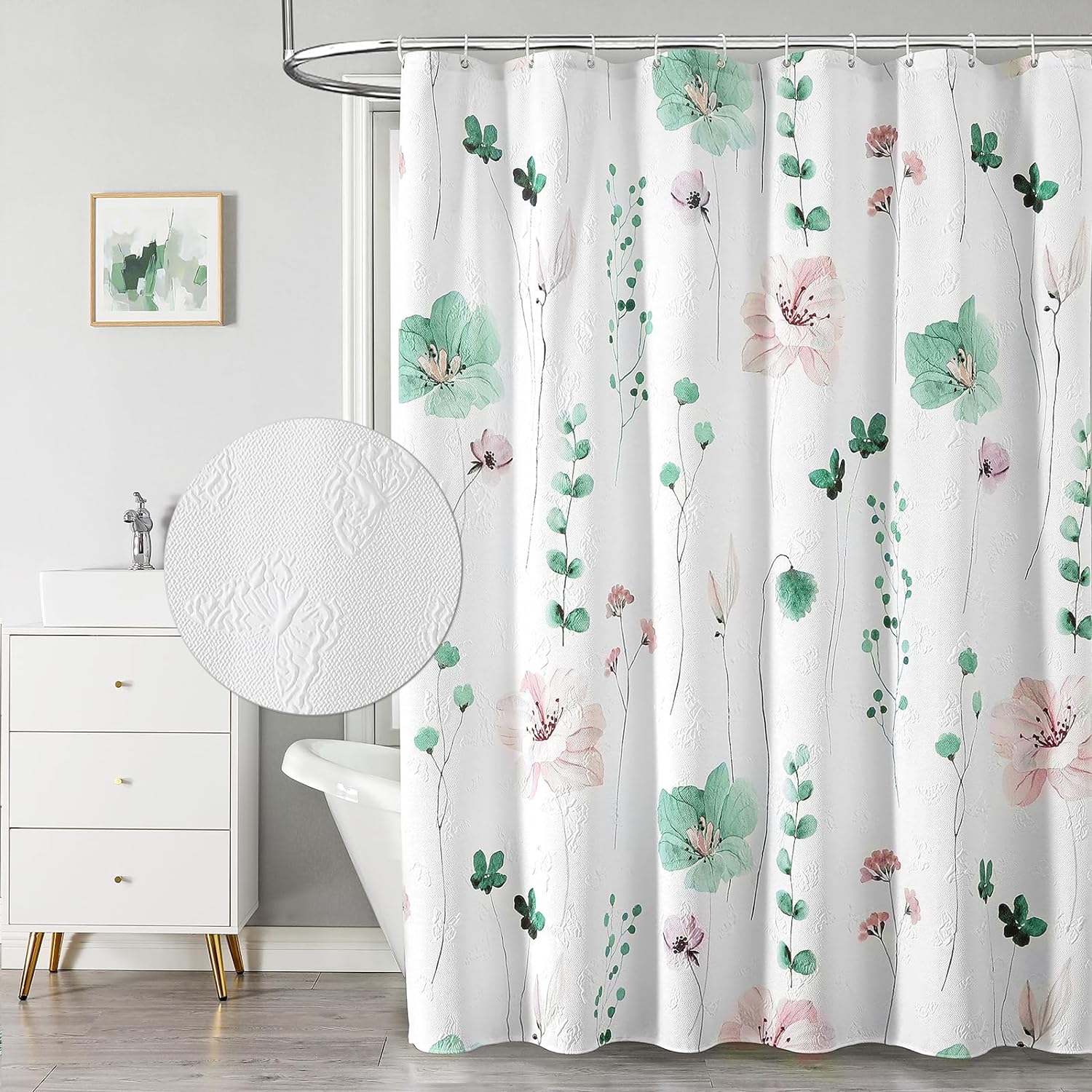 QiyI Watercolor Floral Shower Curtain, 3D Embossed Textured Sage Green Flower Bathroom Curtain, Modern Minimalist White Cloth Bath Curtain, Waterproof Fabric Shower Curtain Set with Hooks, 72x72 Inch