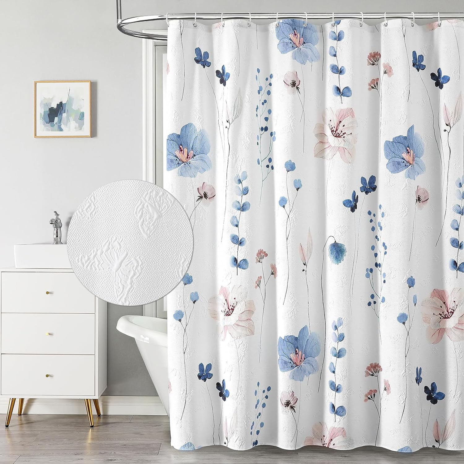 QiyI Watercolor Floral Shower Curtain, 3D Embossed Textured Blue Pink Flower Bathroom Curtain, Modern Minimalist White Cloth Bath Curtain, Waterproof Fabric Shower Curtain Set with Hooks, 72x72 Inch