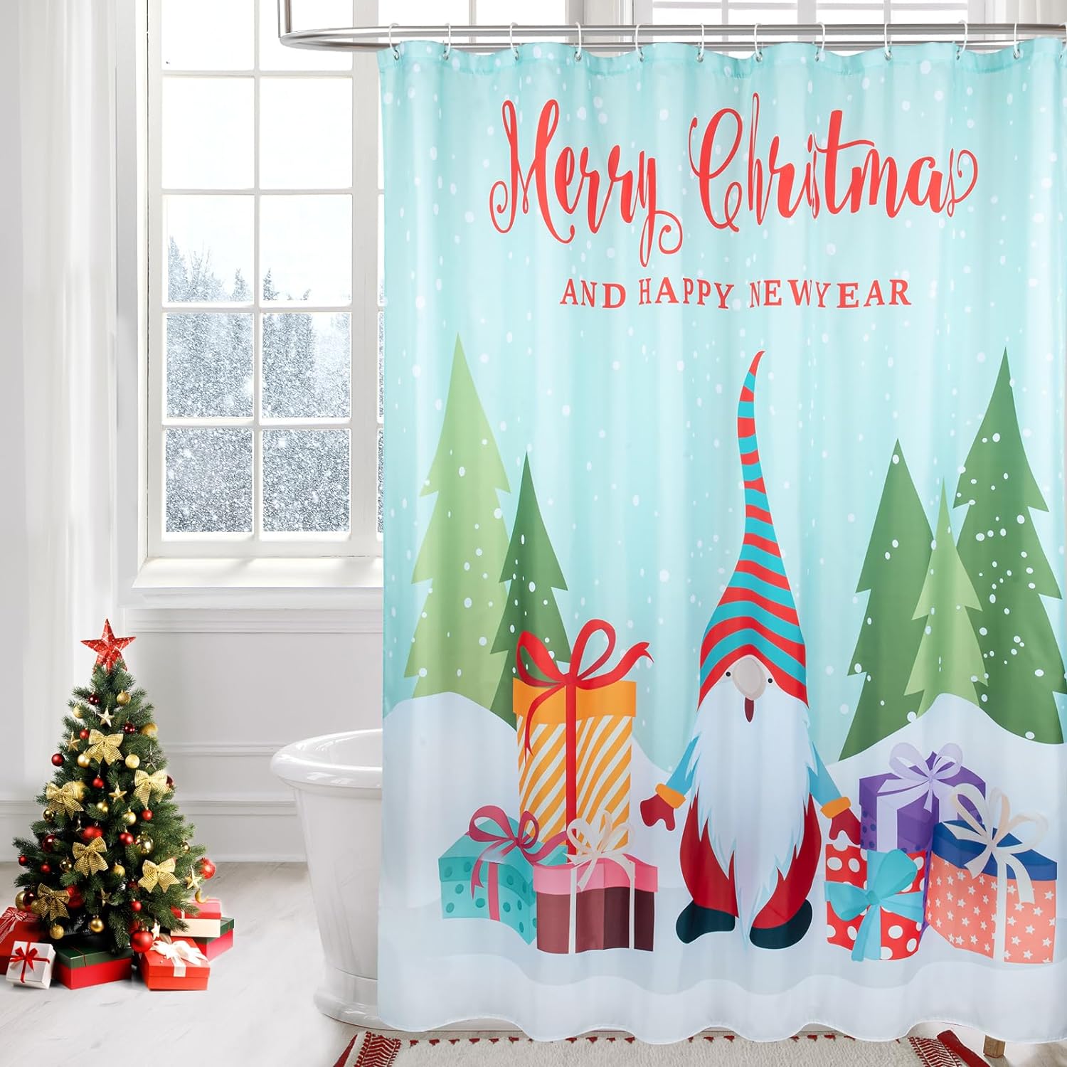 QIYI Christmas Shower Curtain Set, New Year Happy Gnome Shower Curtain Liner, Waterproof Washable Fabric Bathtub Curtain, Merry Xmas Gifts Standard Shower Curtain for Bathroom Dcor, 72 W x 72 L
