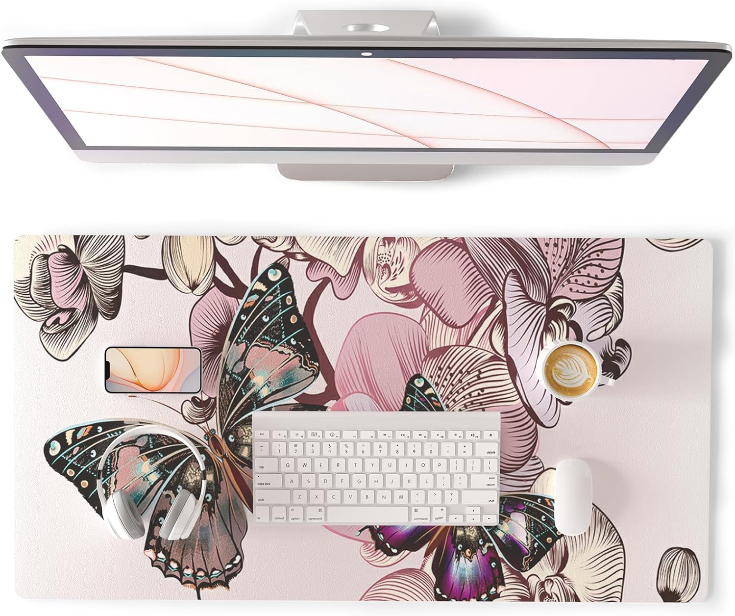 QIYI Desk Pad, PU Leather Desk Blotter Protector, Waterproof Computer Desk Mat, Keyboard Mouse Pads, Non Slip Base Home & Office Accessories, Extended Large Size 31.5 x 15.7 - Butterflies & Orchids