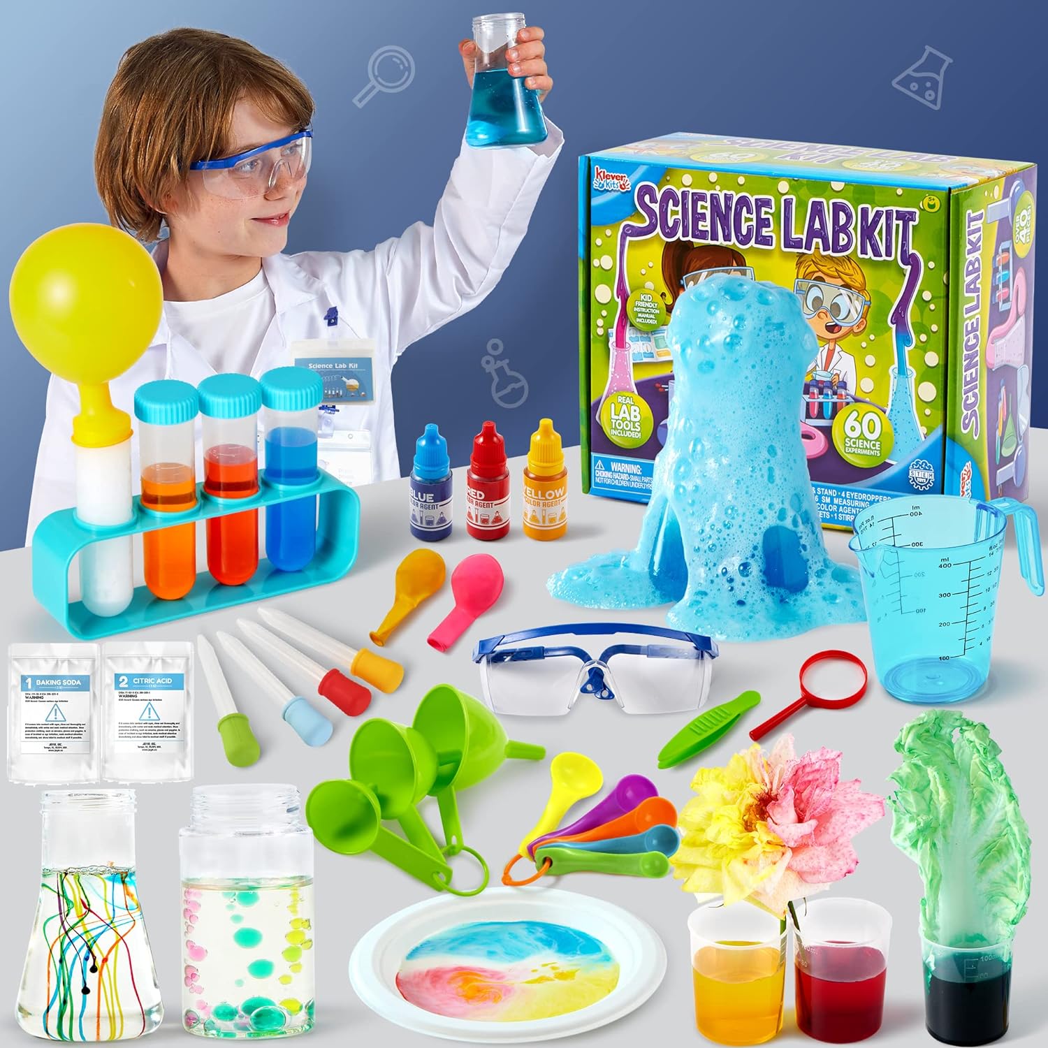 60 Science Experiment Kits with Lab Coat Scientist Costume Dress Up and Role Play Toys Gift for Kids Christmas Birthday Party