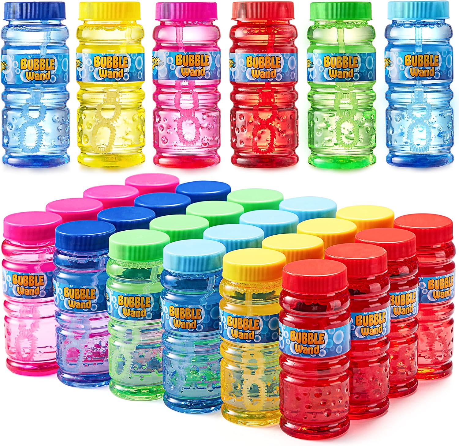 Sloosh 24 Pack Assorted Colors Bubble Solution Bottles with Wand (4 Oz) for Kids' Bubble Toys Summer Bubble Fun Activity, Easter, and Assortment Party Favors