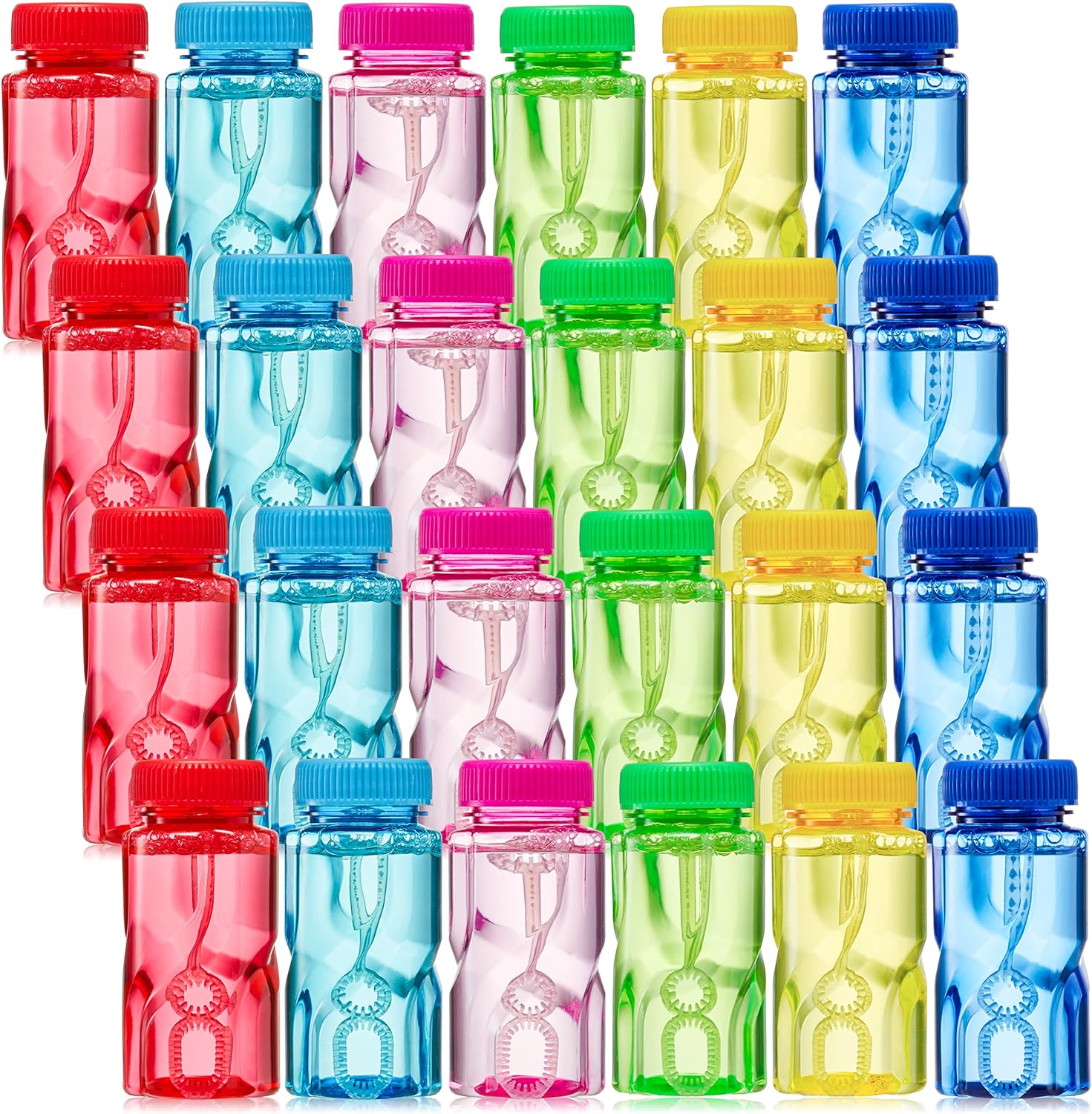 Sloosh 24 Pack Twisted Bubble Bottle with 2 oz Bubble Solution Set,6 Color for Kids' Bubble Toys Summer Bubble Fun Activity, Easter, and Assortment Party Favors