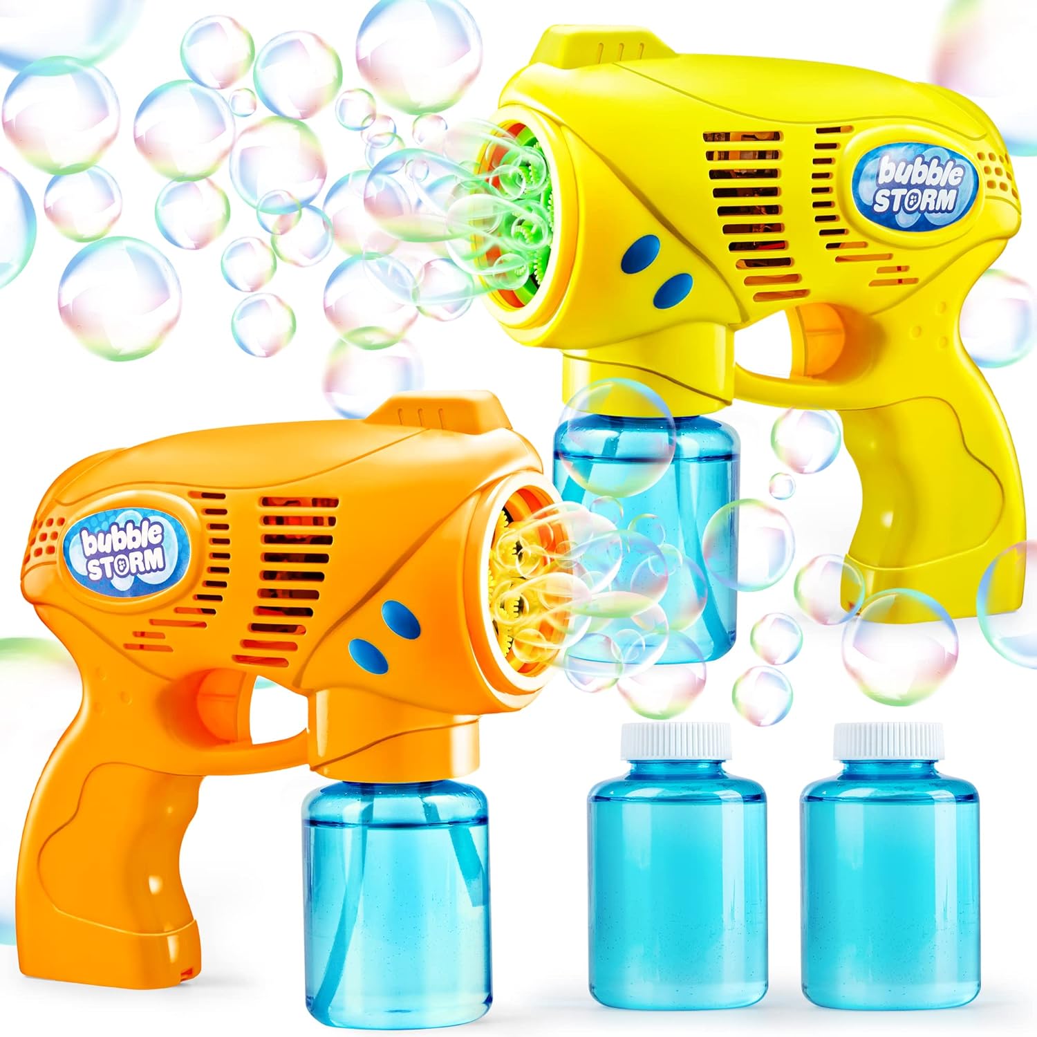 JOYIN 2 Bubble Guns with 2 Bubble Refill Solution (10 oz Total), Bubbles Maker, Blower, Machine Gun Blaster for Kids, Toddlers, Outdoors Activity, Birthday Gift, Easter Bubble Toys (Yellow Orange)