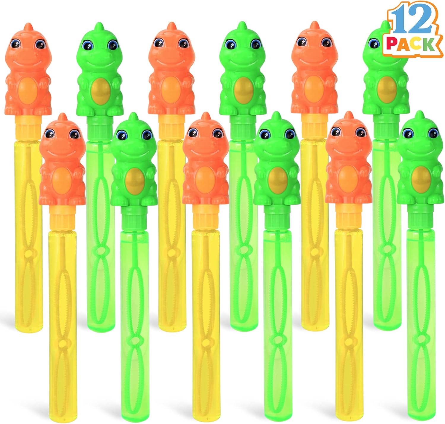 JOYIN 12 Pack 11 Bubble Wands Dinosaur with Rattles for Kids, Summer Bubble Dinosaur Party Favors Supplies, Outdoors Activity, Birthday, Easter, Bubble Blower Toy