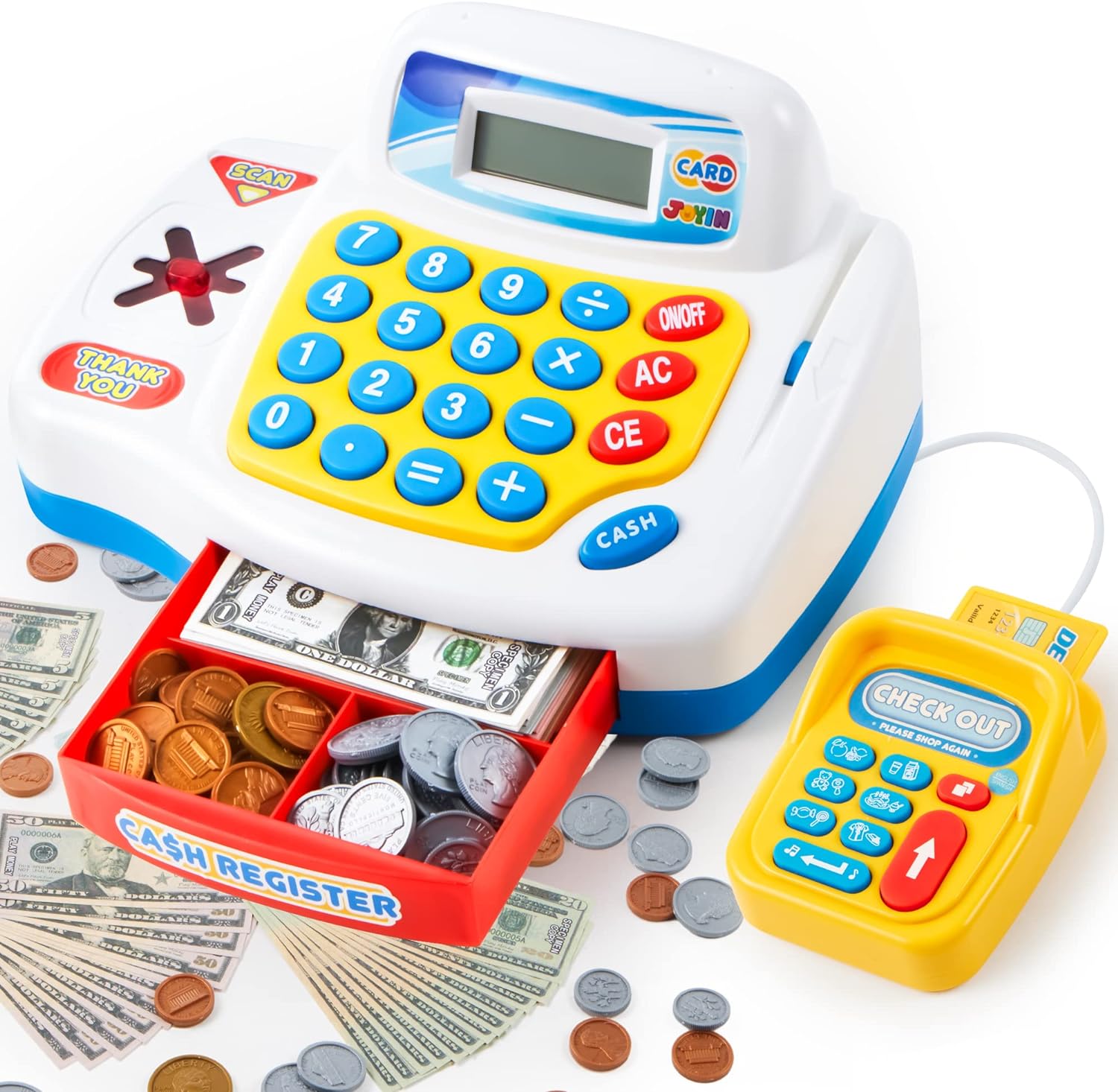 JOYIN Pretend Play Calculator Cash Register, Kids Cash Register Includes Play Money, Scanner, Card Reader, Grocery Store Play Food, Credit Card for Toddler Ages 3  Develops Early Math Learning Skill