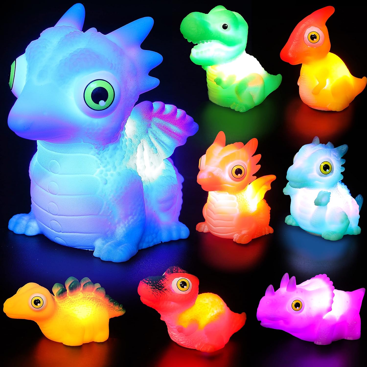 JOYIN 8Pcs Light Up Dinosaur Toys, Baby Bath Toy, Toddler Flashing Colourful LED Bathtub Toy, Bathtime Floating Soft Rubber Toy for Infant Boy Girl Birthday Gift Swimming Pool Party Favors Age 1 2 3