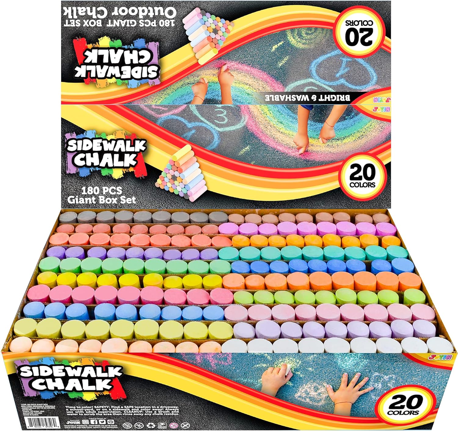 JOYIN 180 PCS Washable Sidewalk Chalks Set in 20 Colors Non-Toxic Jumbo Chalk for Outdoor Art Play, Painting on Chalkboard, Blackboard and Playground