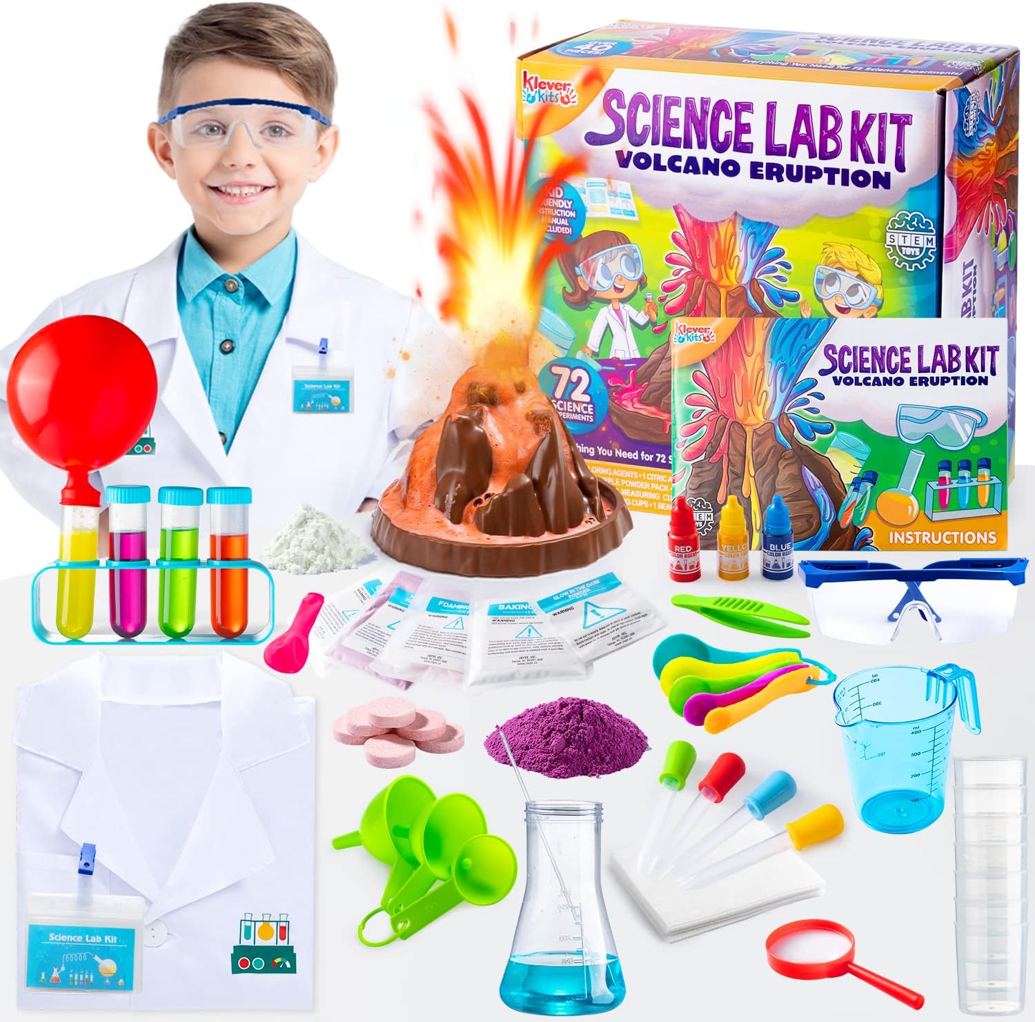 Klever Kits 72 Science Kits for Kids, Scientific Experiments Magic Set with Lab Coat, Erupting Volcano, Chemistry STEM Projects, Educational Gifts Toy Activities for Girls & Boys 6 Years+