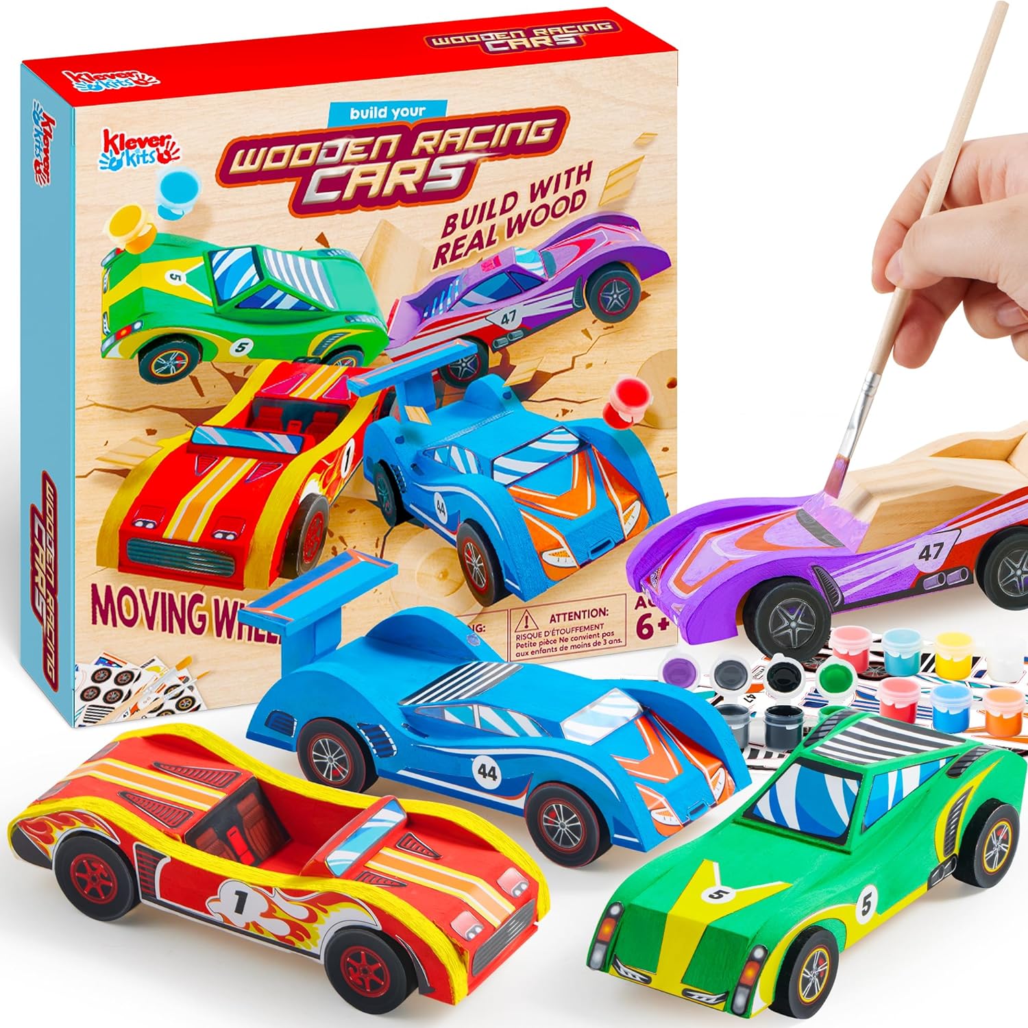 Klever Kits 4 DIY Wooden Race Car Kits - Build & Paint Your Own Crafts, Easy to Assemble for Kids Ages 6  - Birthday & Christmas Gifts