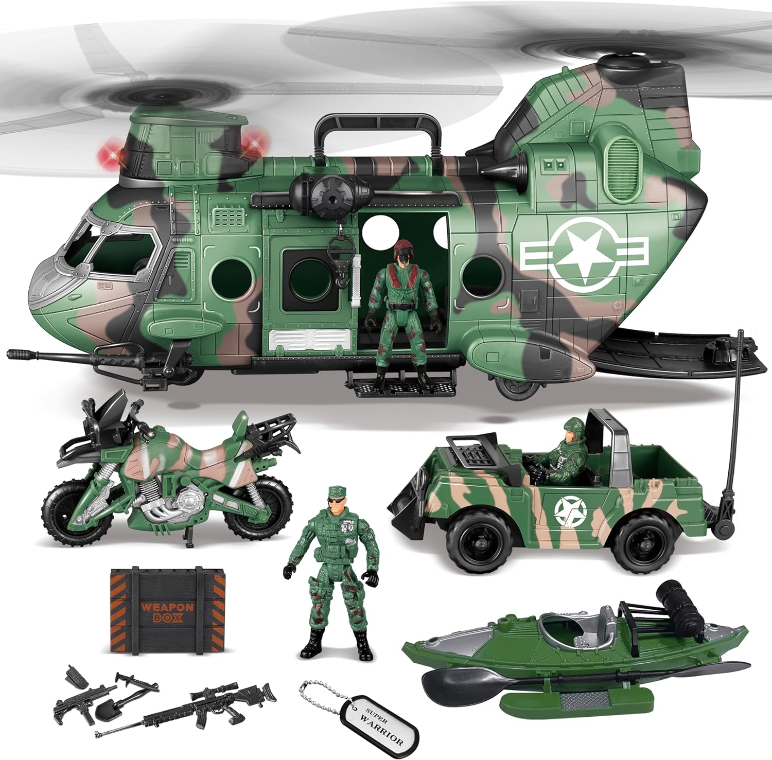 JOYIN 10-in-1 Army Helicopter Toys, Boys Military Toys, Including Helicopter with Realistic Light, Sound & Handle, Bruder Trucks, Boat, Motorcycle, Army Men Action Figures and Weapon Gears, Kids Gifts