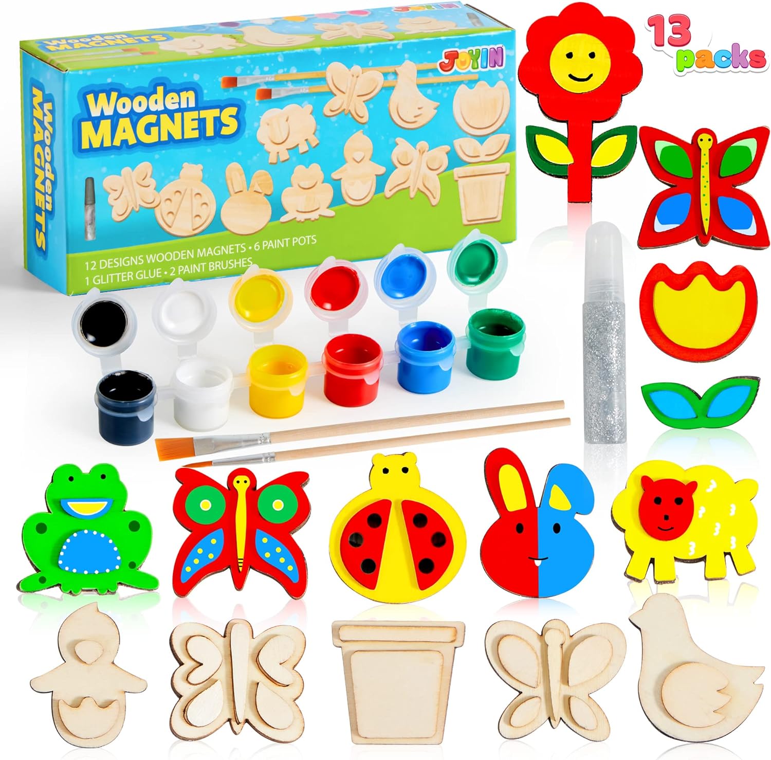 JOYIN 13 Wooden Magnet Creativity Arts & Crafts Painting Kit for Kids, Decorate Your Own Painting Gift for Easter Basket Stuffers, Birthday Parties and Family Crafts, Party Favors for Boys Girls