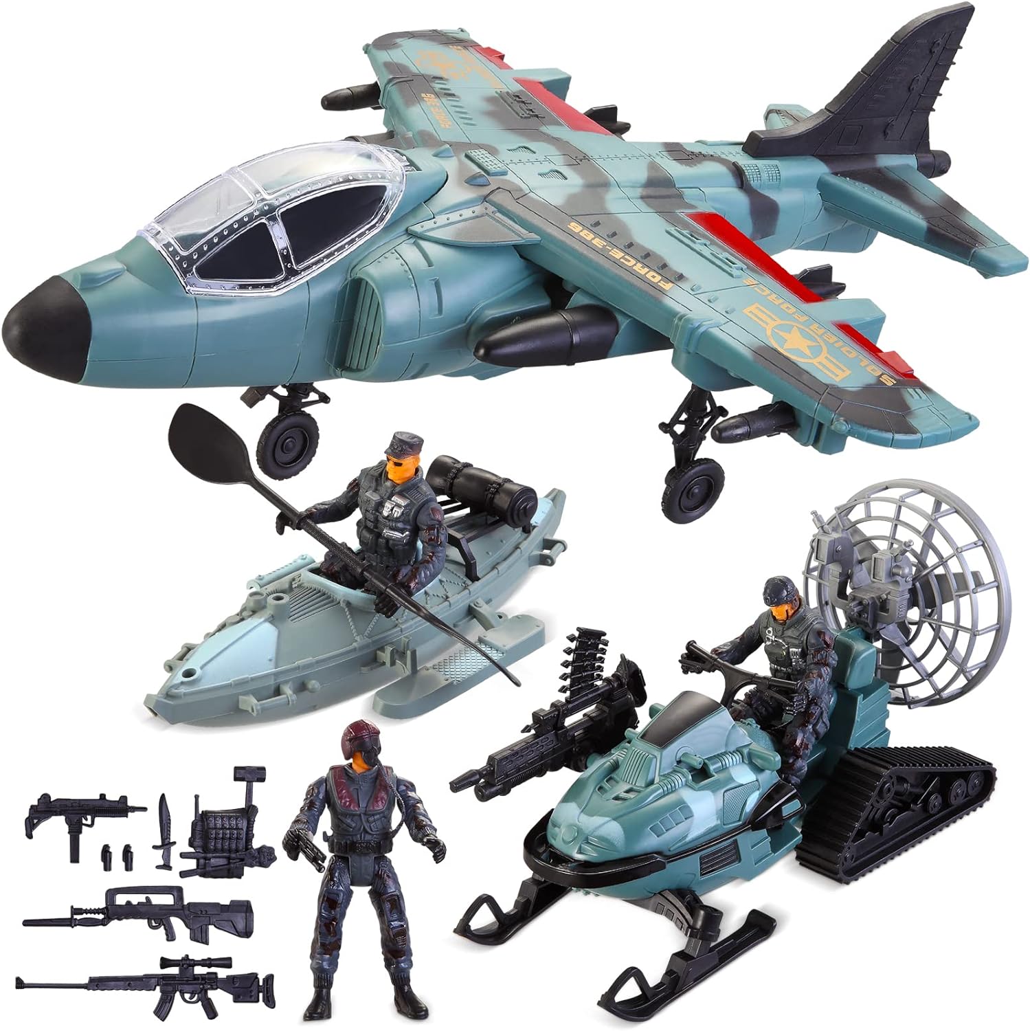 JOYIN Military Toy Set, Military Airplane Toy, Pretend Play Fighter Jet with Toy Soliders, Army Men Action Figures, Snowmobile, Kayak Boat, Army Toys for Boys Age 4-7, Kids Birthday Easter Xmas Gifts