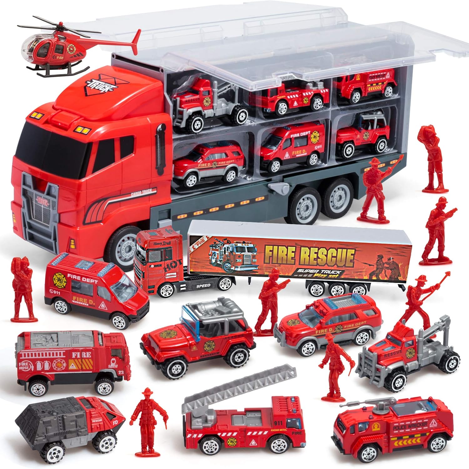 JOYIN 19 in 1 Die-cast Fire Toy Truck with Little Figures, Mini Emergency Fire Vehicles in Big Carrier Truck, Patrol Rescue Helicopter for Boys 3-9 Years Old, Kids Value Birthday Xmas Easter Gifts