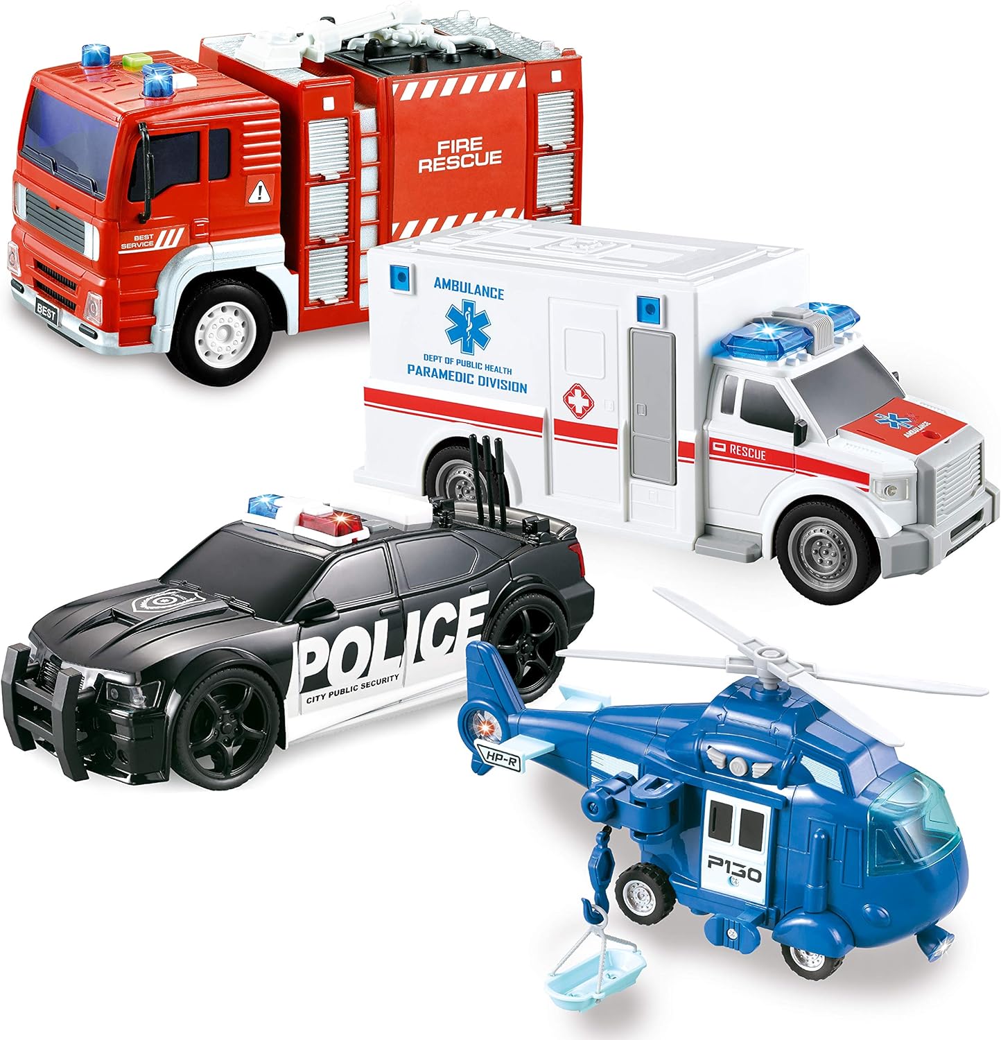 JOYIN 4 Packs Emergency Vehicle Toy Playsets, Friction Powered Vehicles with Light and Sound, Including Fire Truck, Ambulance Toy, Play Police Car and Toy Helicopter, Best Toddler Kids Boys Gifts