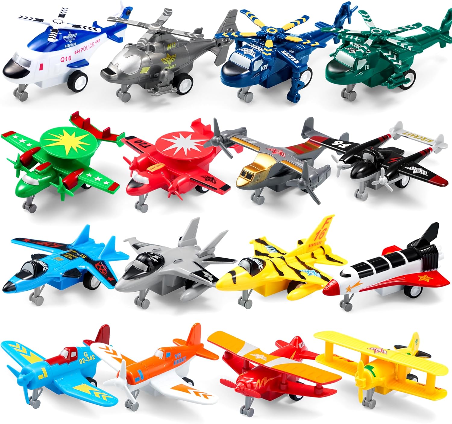 JOYIN 16 Pcs Pull Back Airplane Toys, Boys Plane Playset, Aircraft Incl Helicopter Toys, Fighter Jet Toys, Bomber Toys, Biplane Toy, Gifts for Toddler Kids 3+ Years Old, Kids Toys