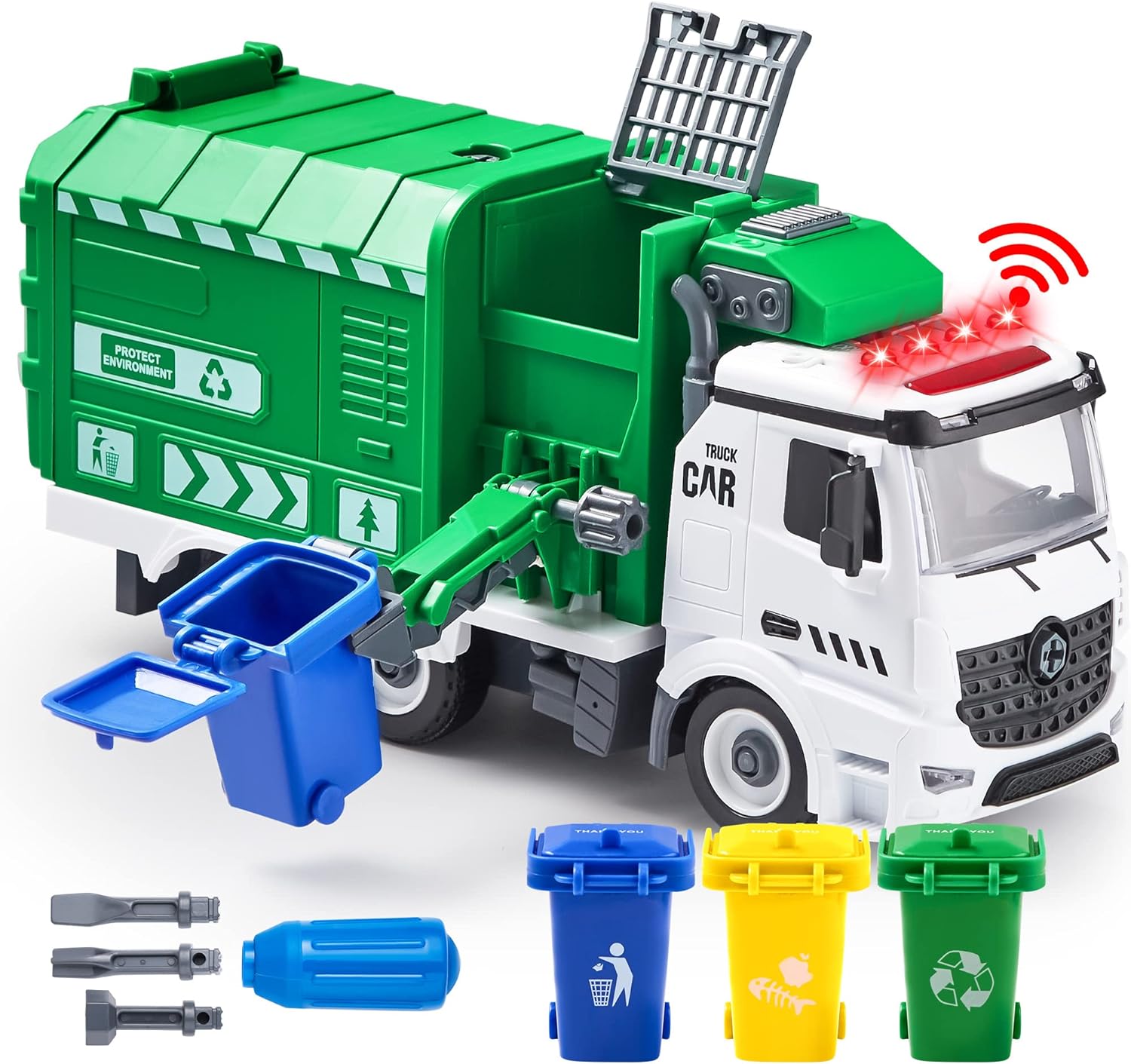 JOYIN Recycling Garbage Truck Toy, Kids DIY Assembly Friction Powered Side-Dump Garbage Toy with Light and Sounds, 3 Trash Cans, 3 Replaceable Screwdrivers, Boys & Girls Gifts