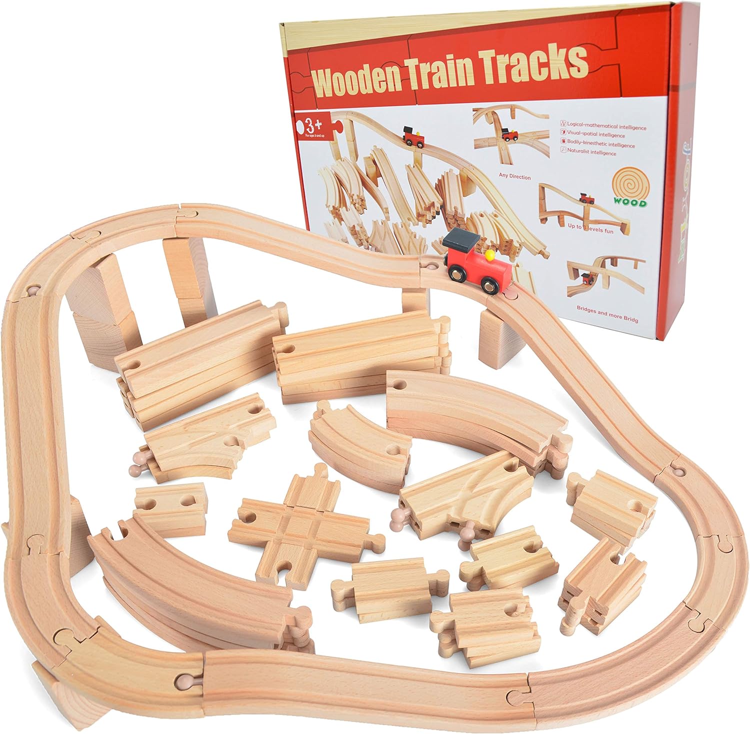 JOYIN 62 Pieces Wooden Train Track Set, Including 1 Thomas Magnetic Toy Train, Wooden Railway Set Compatible with Versatile Brands, Birthday Holiday Party Favor Gifts for Boys Girls 2-8 Years Old