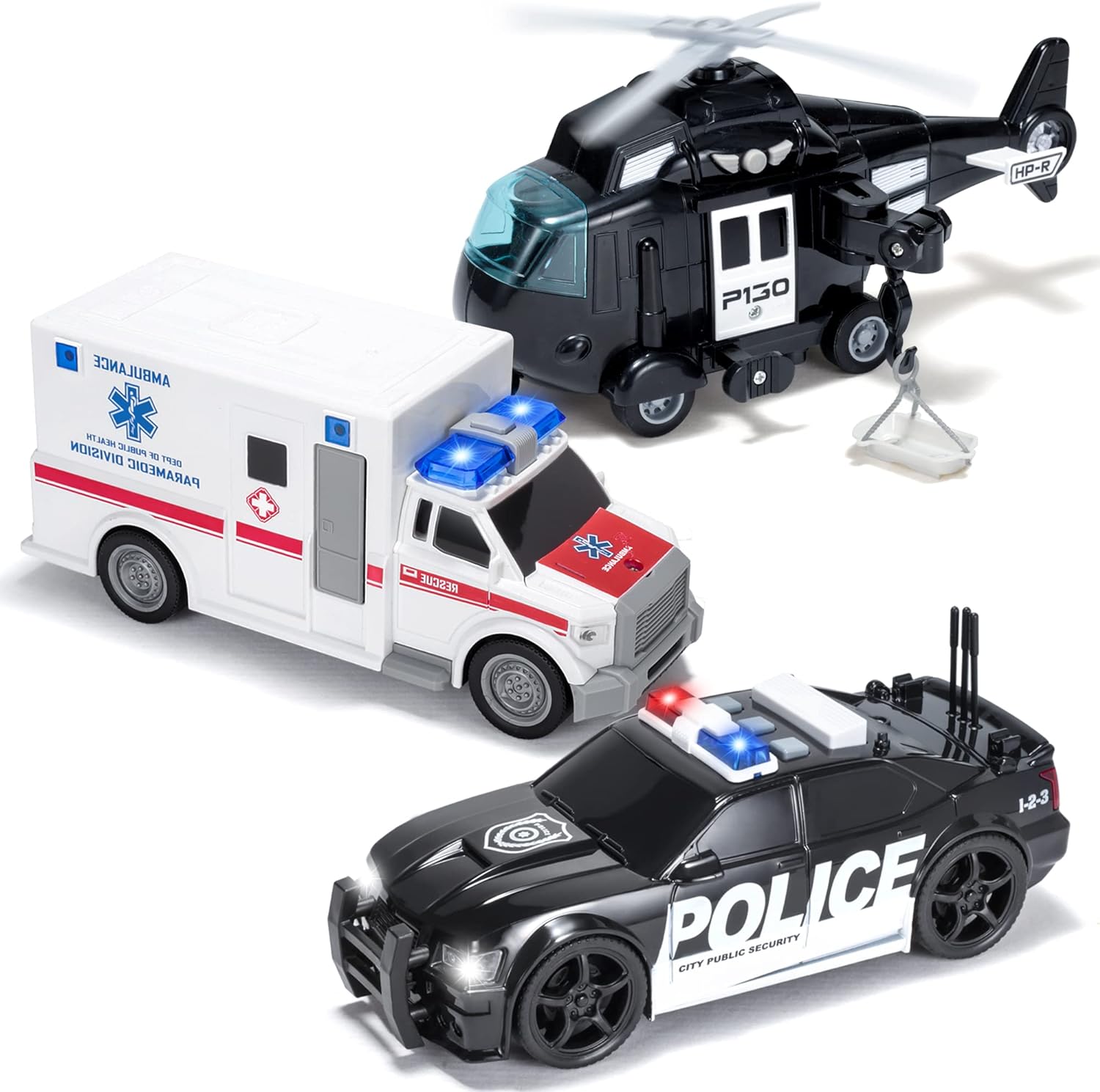 JOYIN Toddler Truck Toys for 3 4 5 6 7 Year Old Boys - Police Car Toy Set, Emergency Vehicle Playset, Kids Toys Cars, Friction Powered Car with Lights and Sounds, Birthday Gifts for Boys Girls Age 3-9