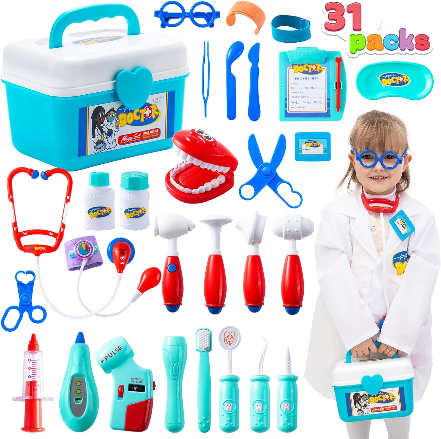 JOYIN 31Pcs Doctor Kit for Kids,Pretend Play Toys, Educational Dentist Medical Kit with Electronic Stethoscope,Doctor Role Play Costume,Durable Medical Dr Kit Toys for Boys Girls Gifts Ages 3 