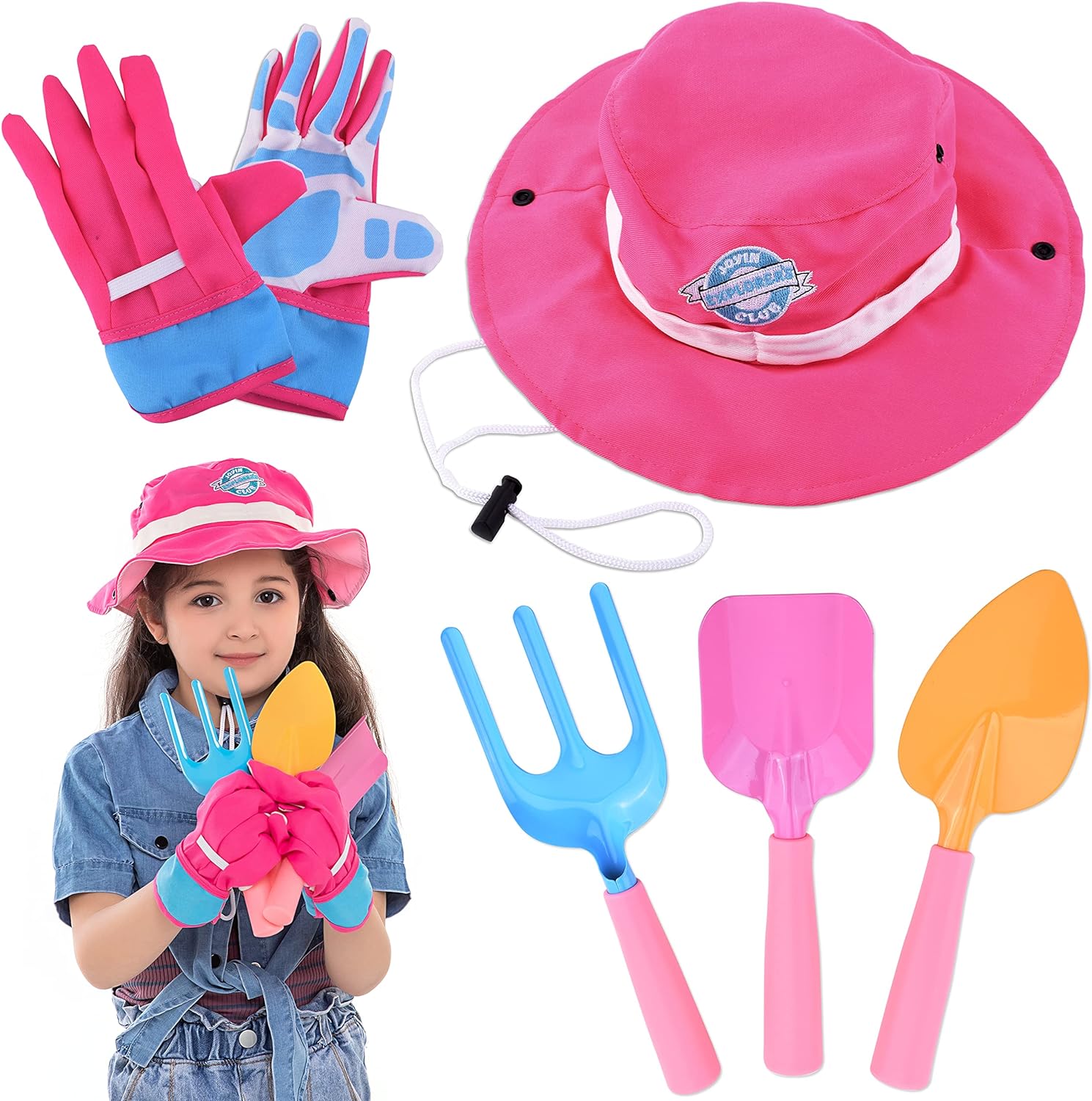 JOYIN 6 PC Kids Gardening Tools, Including Garden Tools Like Gardening Gloves, UV Protection Sun Hat, Shovel, Rake, and Trowel, Kids Backyard Outdoor Toy Play and STEM Learning (Pink)