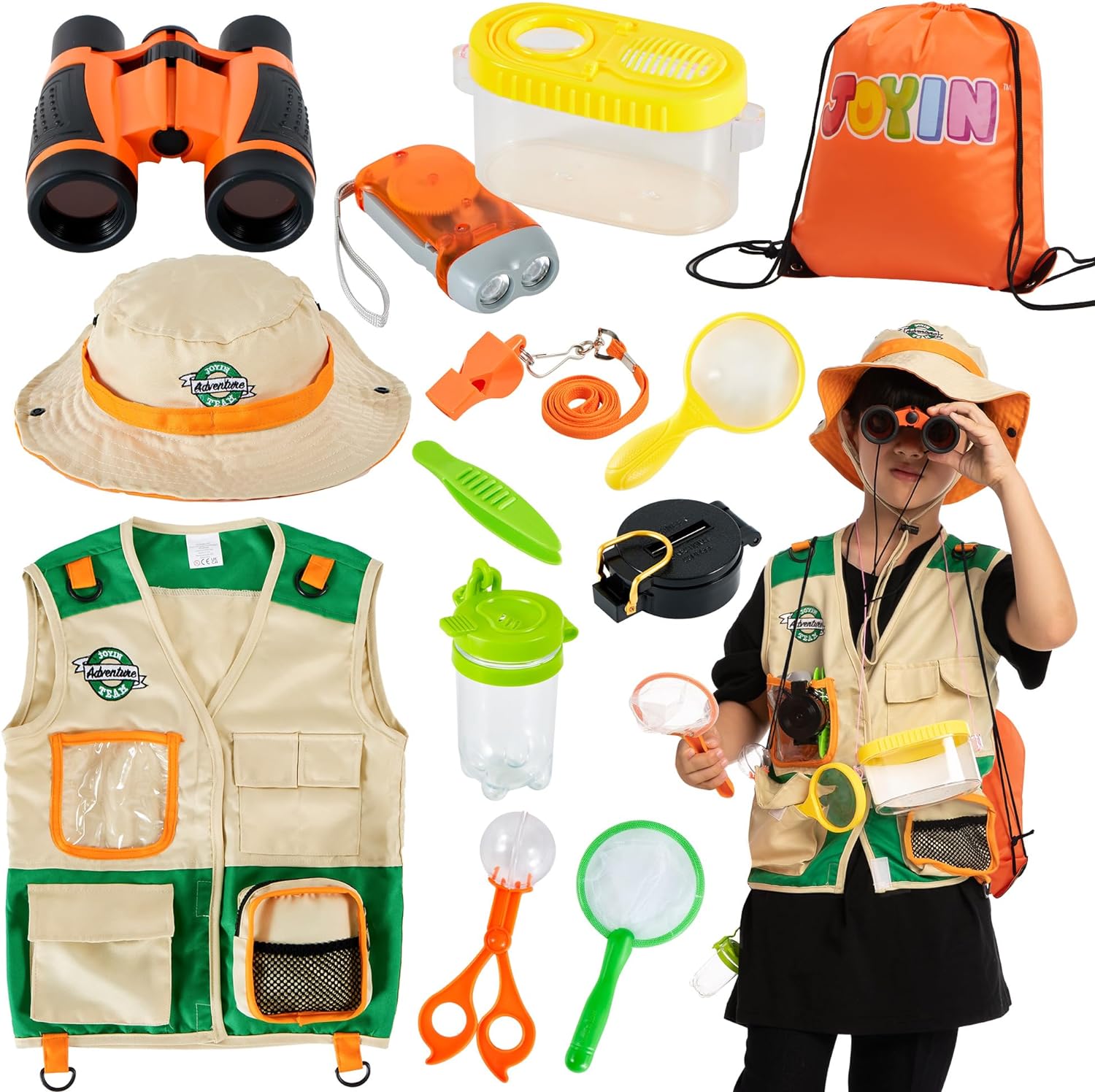 JOYIN Outdoor Explorer Kit, Bug Catcher for Kids (Vest, Hat, Flashlight Compass, Binoculars, Magnifying Glass and Butterfly Net), Kids Camping Gear, Educational Toys, Halloween Birthday Gift for Kids