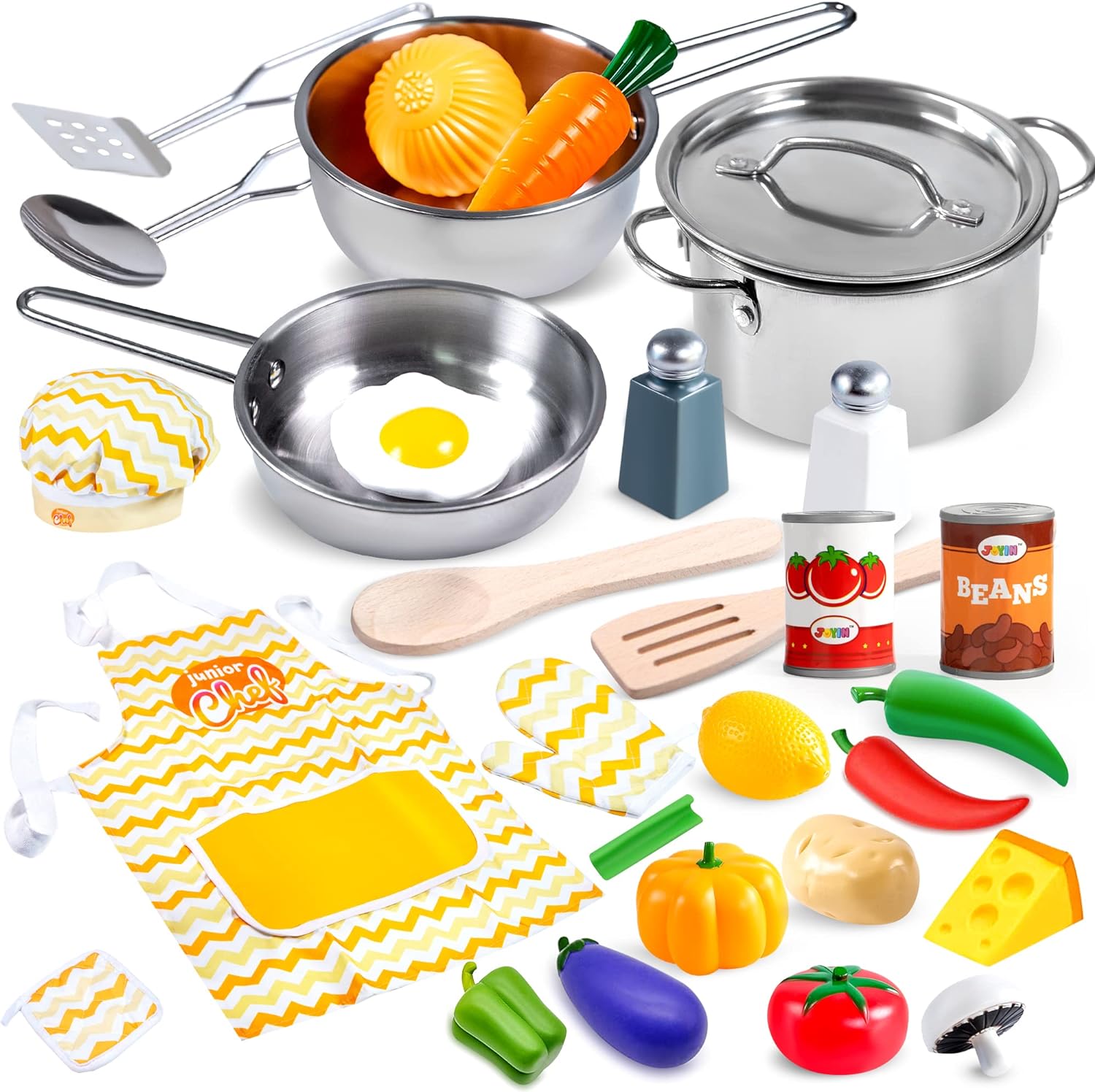 JOYIN Kid Play Kitchen, Pretend Daycare Toy Sets, Kids Cooking Supplies with Stainless Steel Cookware Pots and Pans Set, Cooking Utensils, Apron&Chef Hat and Grocery Play Food Sets, Toddler Gifts