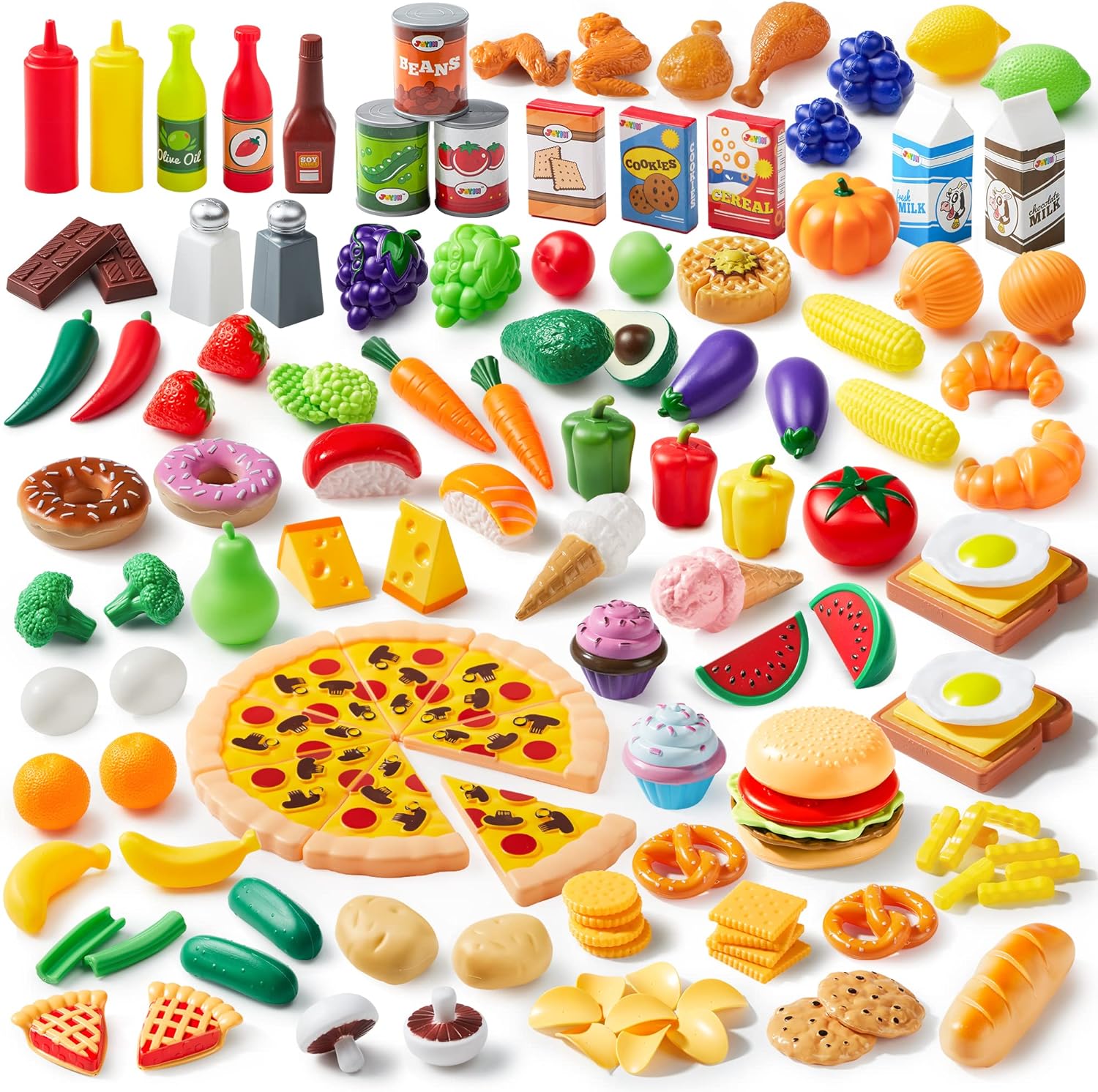 JOYIN Play Food Set 135 Pieces Play Kitchen Set for Market Educational Pretend Play, Food Playset, Kids Toddlers Toys, Kitchen Accessories Fake Food, Party Favor Christmas Stocking Stuffers