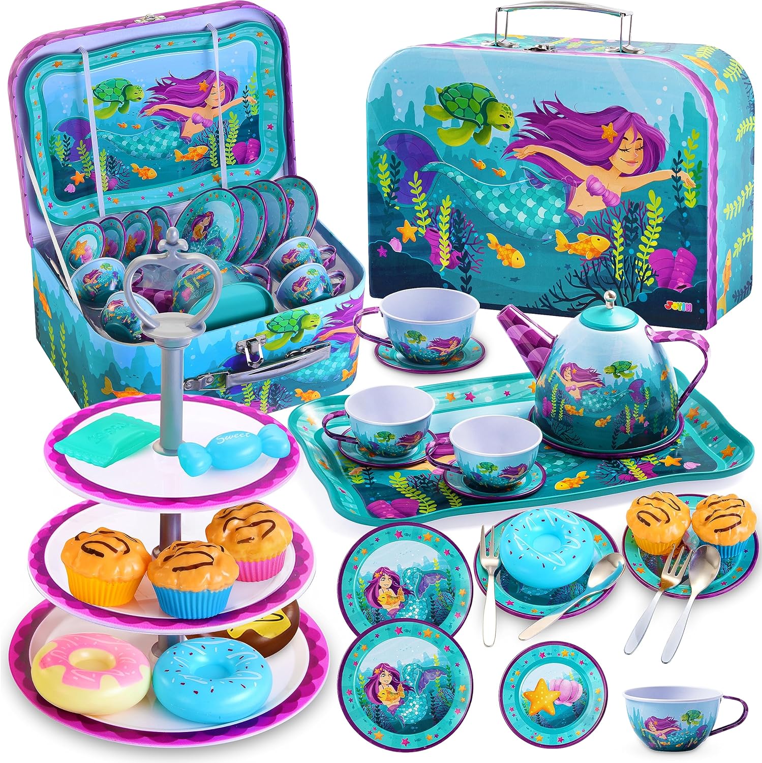 JOYIN 35Pcs Mermaid Tea Party Set for Little Girls, Pretend Tin Teapot Set, Princess Tea Time Play Kitchen Toy with Dessert, Doughnut, Carrying Case for Birthday Easter Gifts Kids Toddlers Age 3 4 5 6